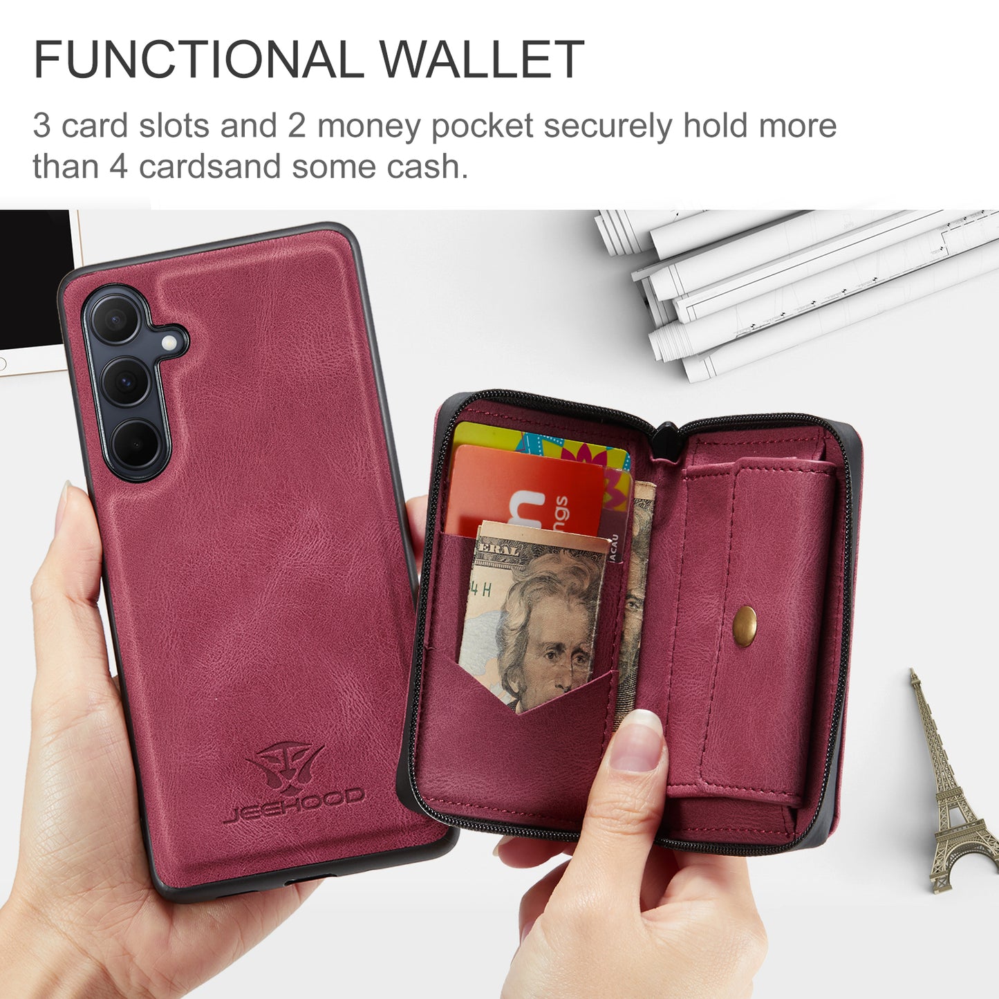 Magnetic Removable Zipper Wallet Galaxy A55 Case Leather Back