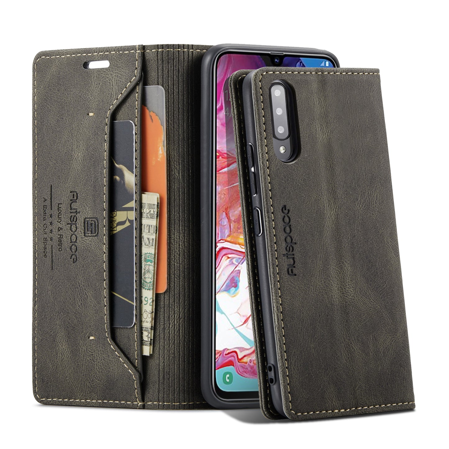 Luxury Retro Leather Galaxy A70 Case Magnetic Buckle RFID