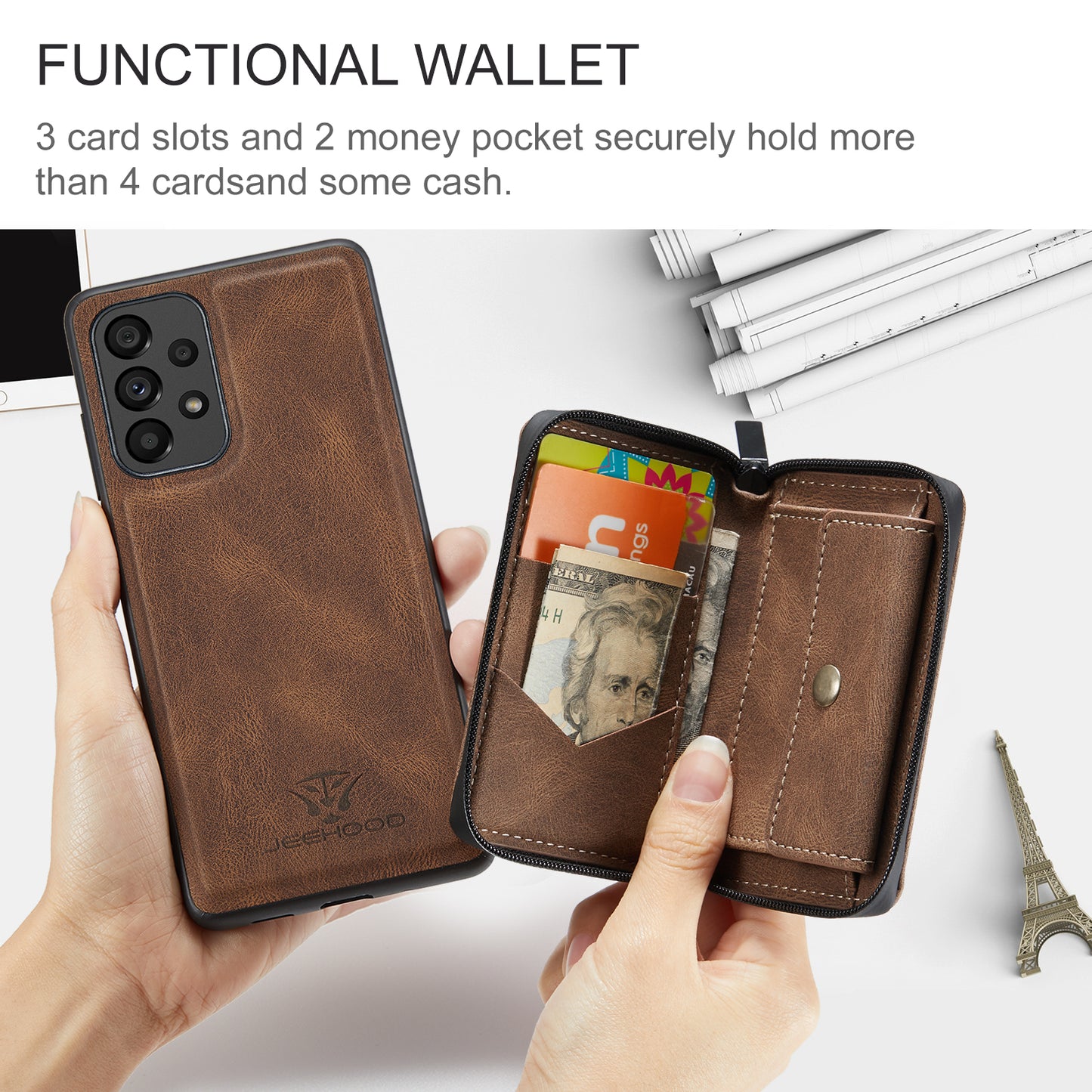 Magnetic Removable Zipper Wallet Galaxy A73 Case Leather Back