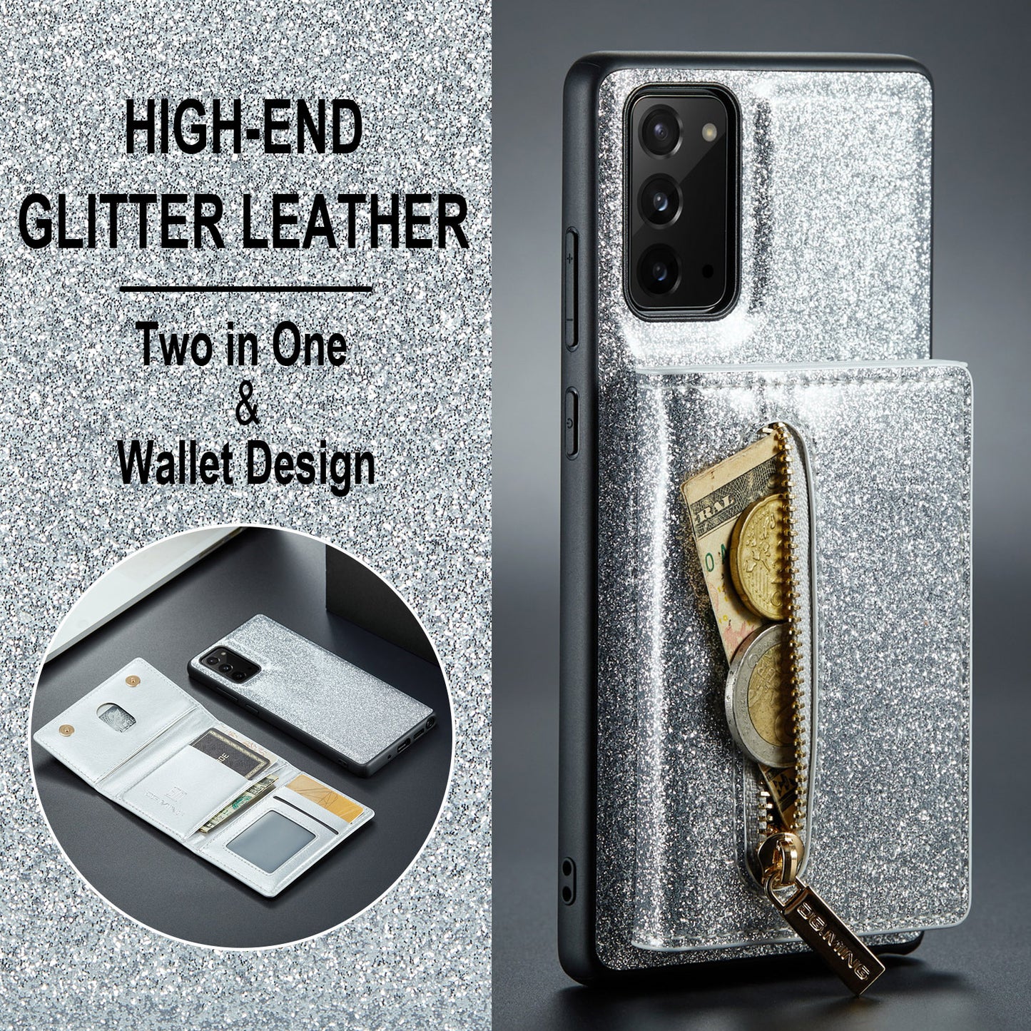 Glitter Leather 2-in-1 Wallet Zipper Galaxy Note20 Case Detachable