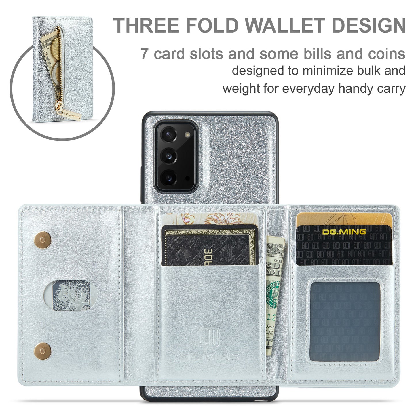 Glitter Leather 2-in-1 Wallet Zipper Galaxy Note20 Case Detachable