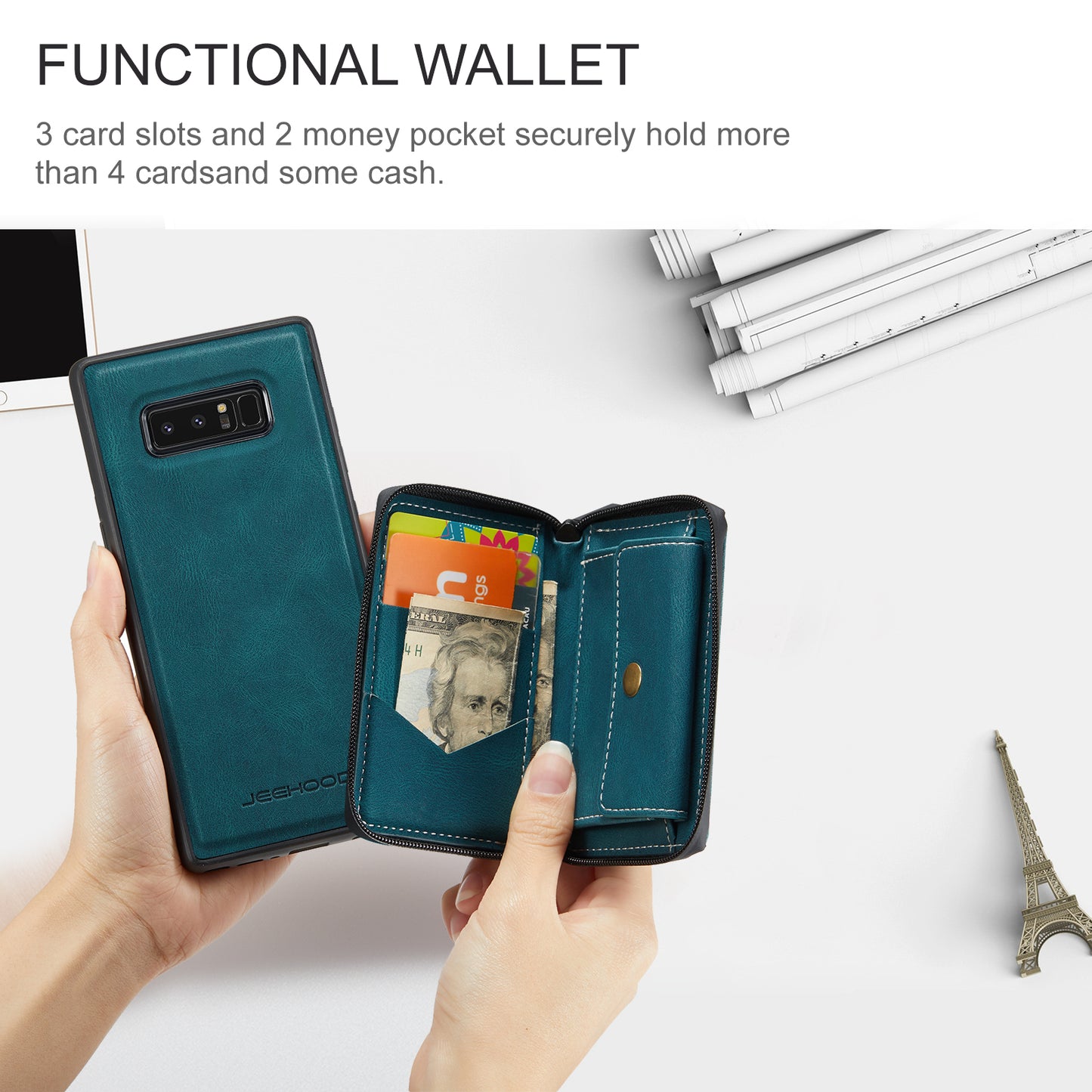 Magnetic Removable Zipper Wallet Galaxy Note8 Case Leather Back