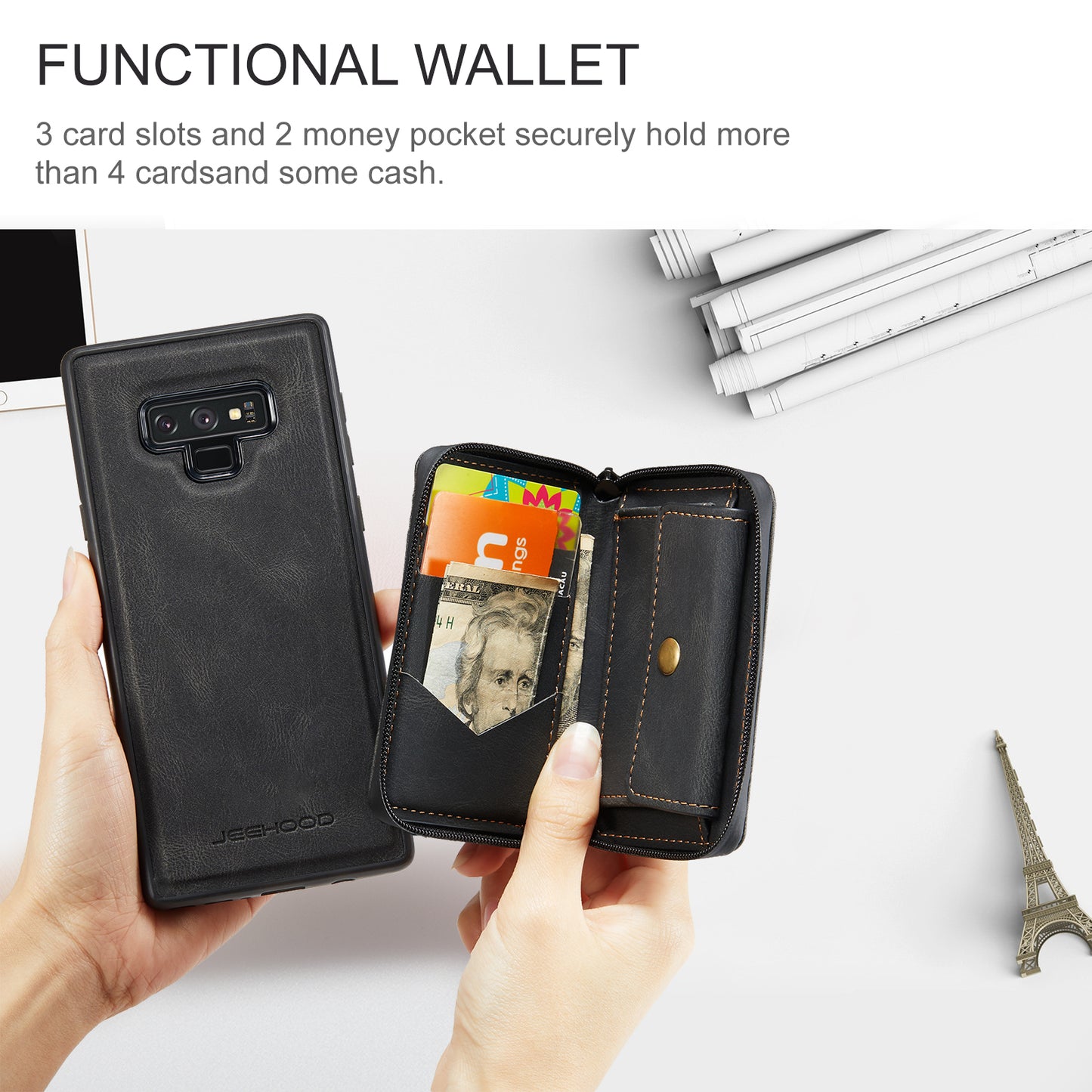 Magnetic Removable Zipper Wallet Galaxy Note9+ Case Leather Back