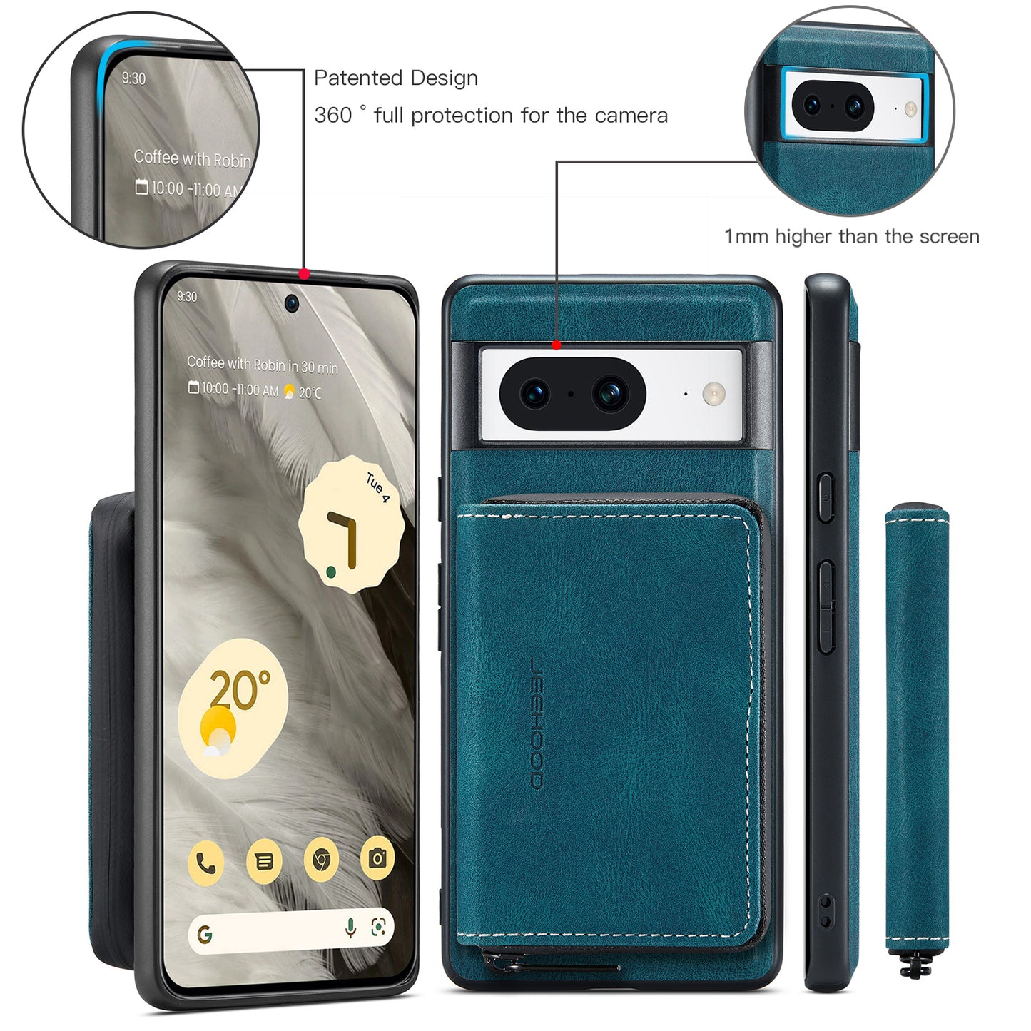 Magnetic Removable Zipper Wallet Google Pixel 8 Case Leather Back