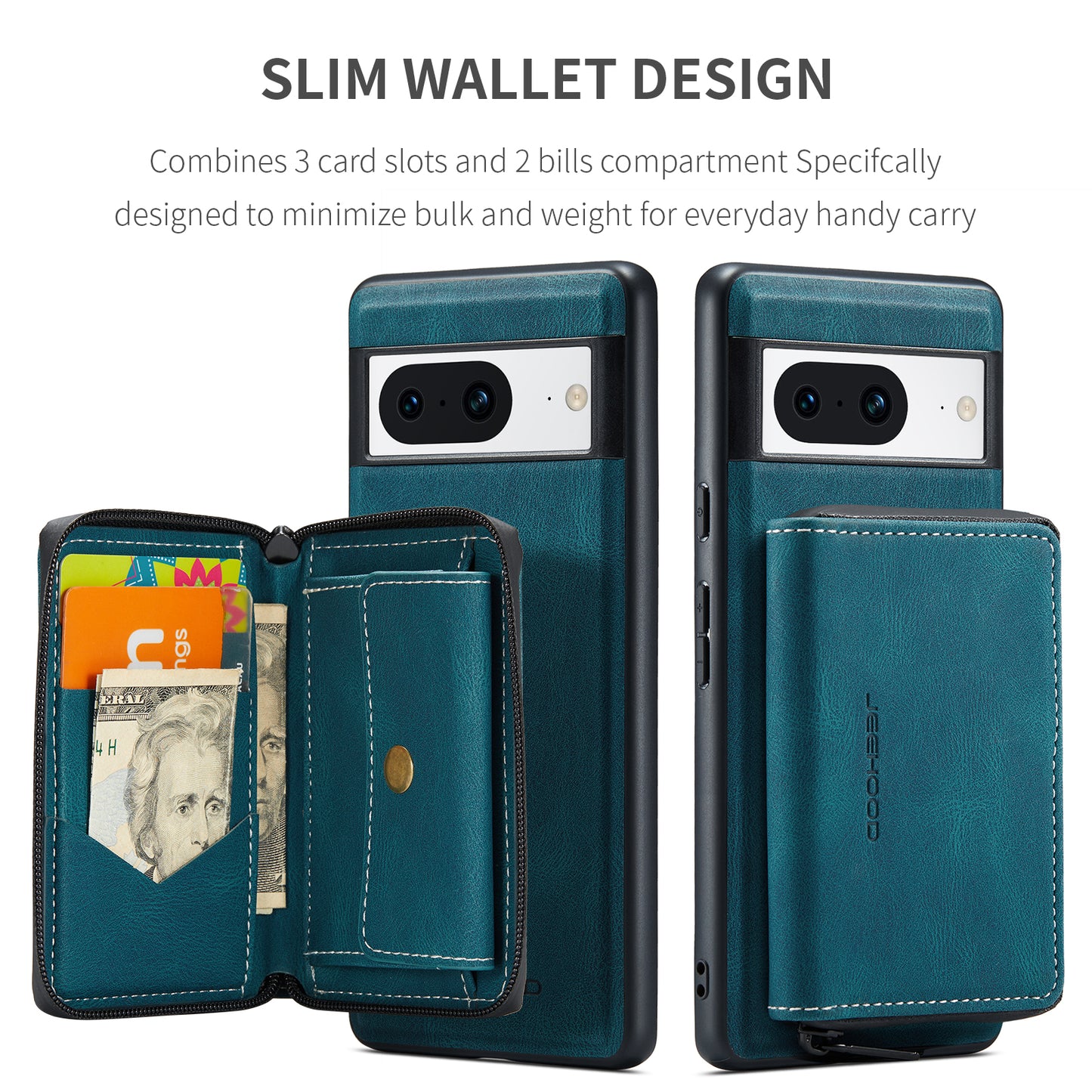 Magnetic Removable Zipper Wallet Google Pixel 8 Case Leather Back