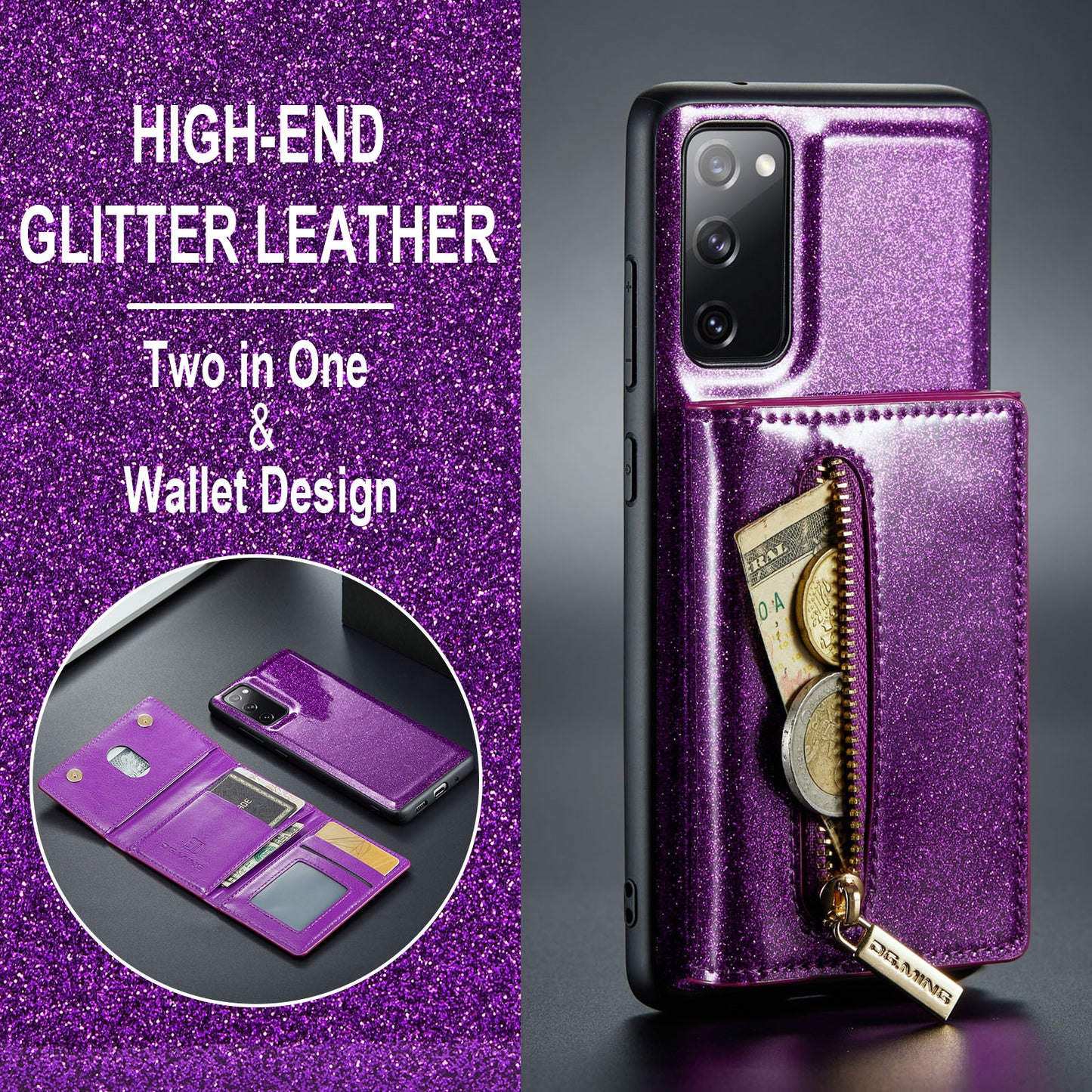 Glitter Leather 2-in-1 Wallet Zipper Galaxy S20 FE Case Detachable