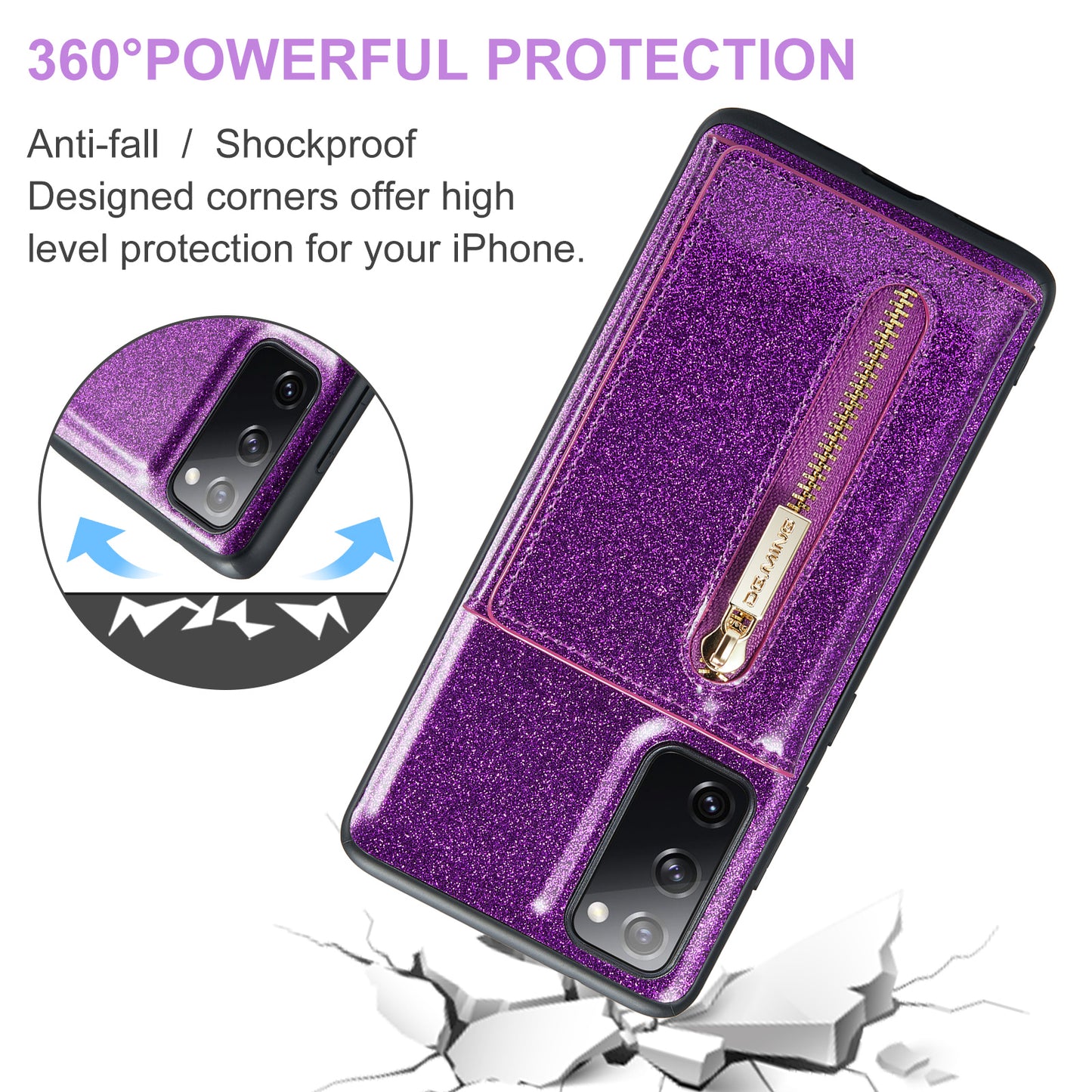 Glitter Leather 2-in-1 Wallet Zipper Galaxy S20 FE Case Detachable