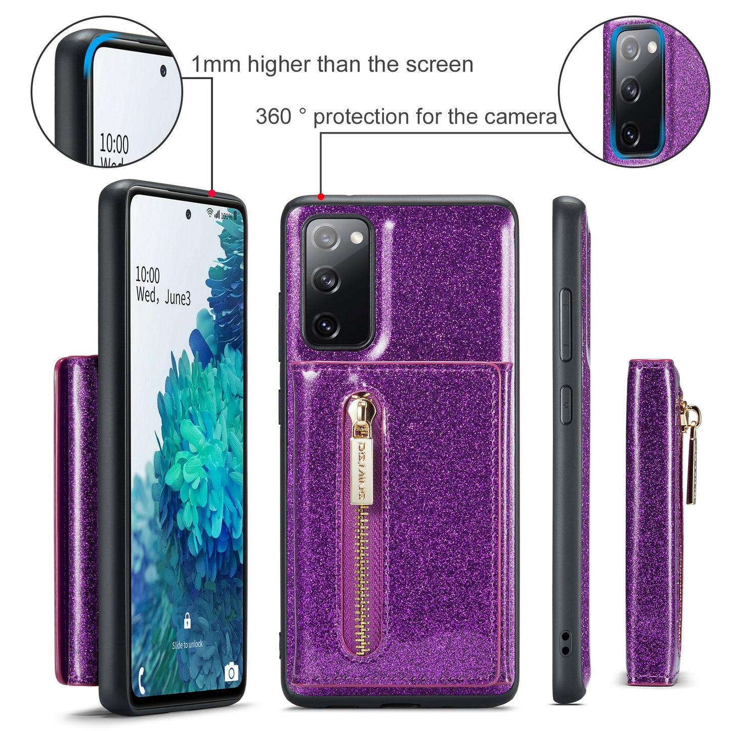 Glitter Leather 2-in-1 Wallet Zipper Galaxy S20 FE Case Detachable