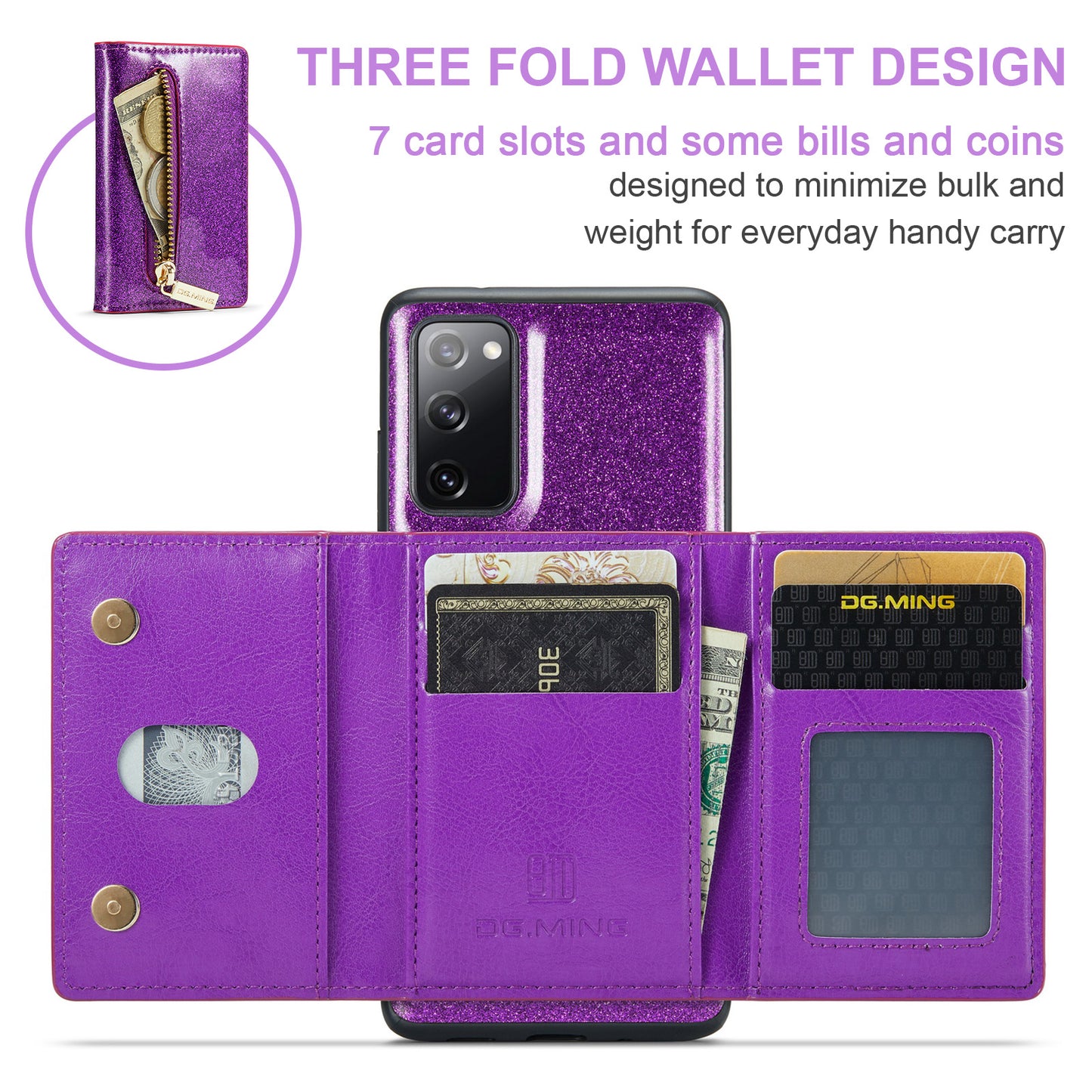 Glitter Leather 2-in-1 Wallet Zipper Galaxy S20 FE Case Detachable