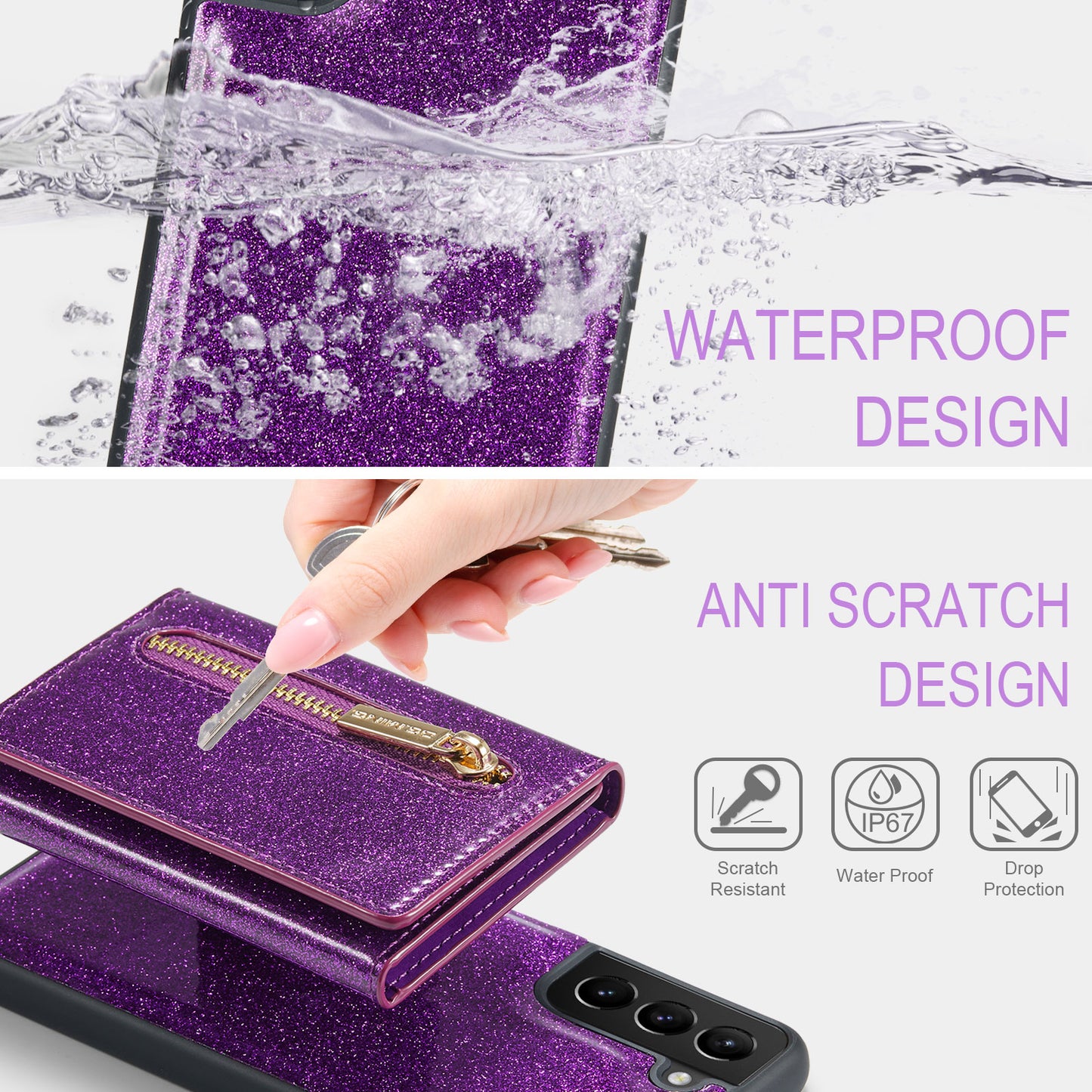 Glitter Leather 2-in-1 Wallet Zipper Galaxy S21 FE Case Detachable