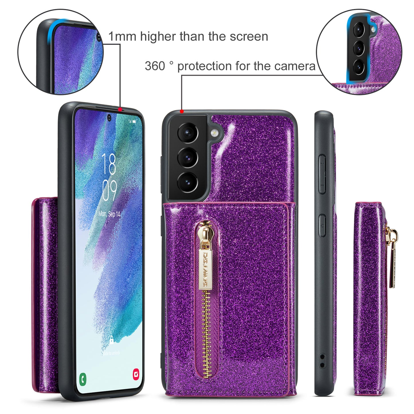 Glitter Leather 2-in-1 Wallet Zipper Galaxy S21 FE Case Detachable