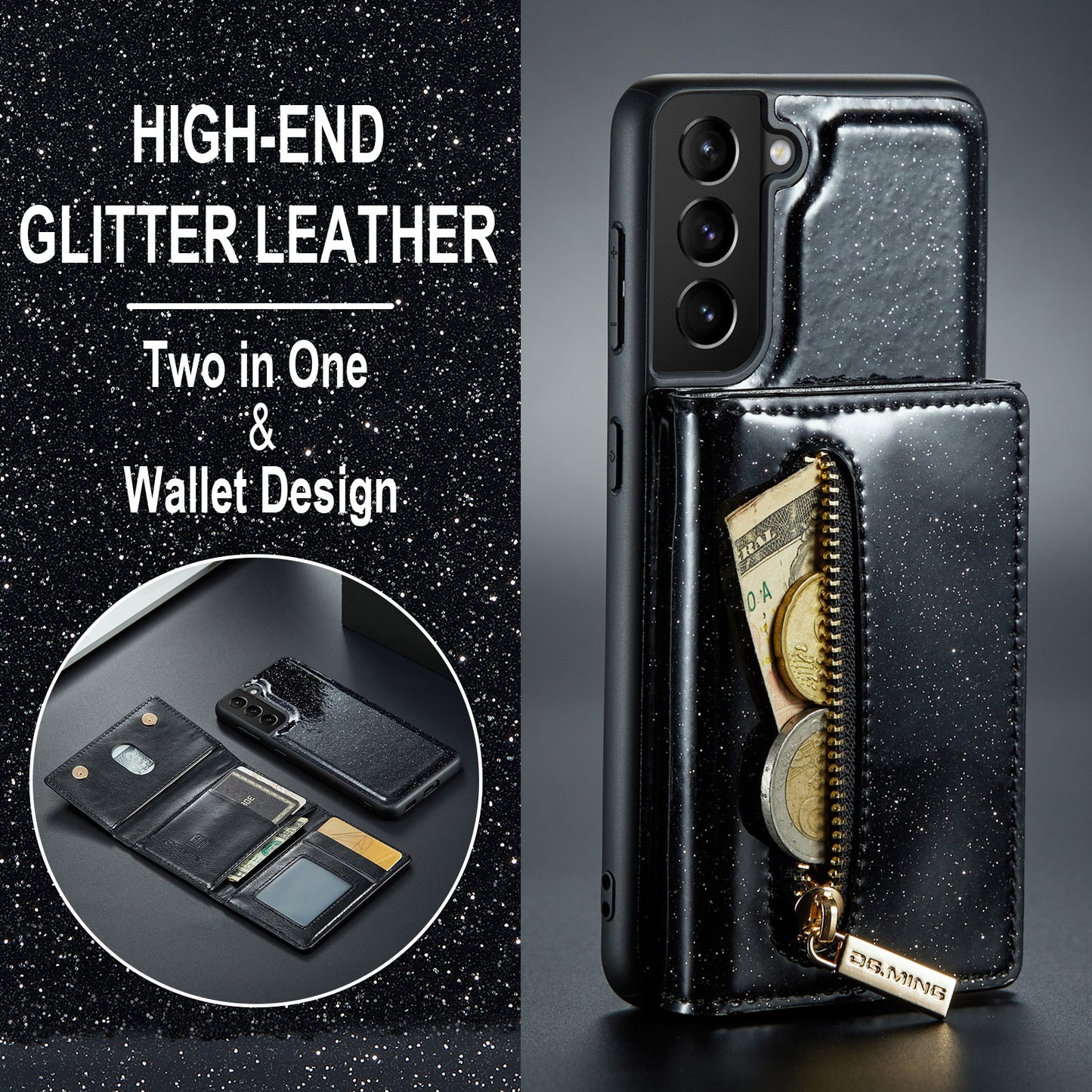 Glitter Leather 2-in-1 Wallet Zipper Galaxy S21 Case Detachable