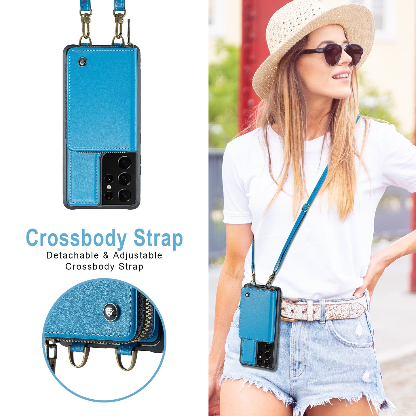 Zipper Card Holder Galaxy S21 Ultra Case with Shoulder Hand Strap