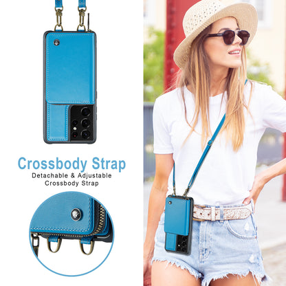 Zipper Card Holder Galaxy S21 Ultra Case with Shoulder Hand Strap