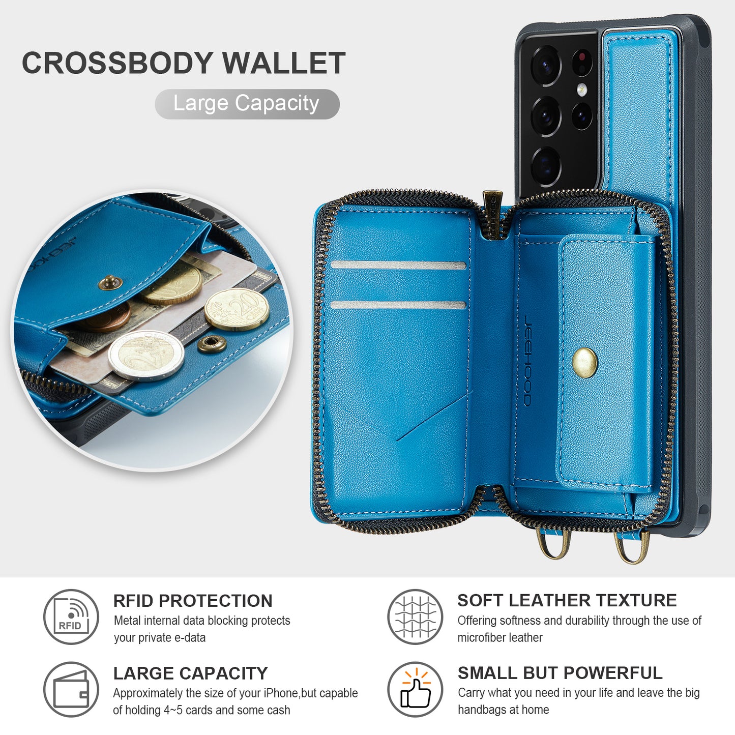 Zipper Card Holder Galaxy S21 Ultra Case with Shoulder Hand Strap