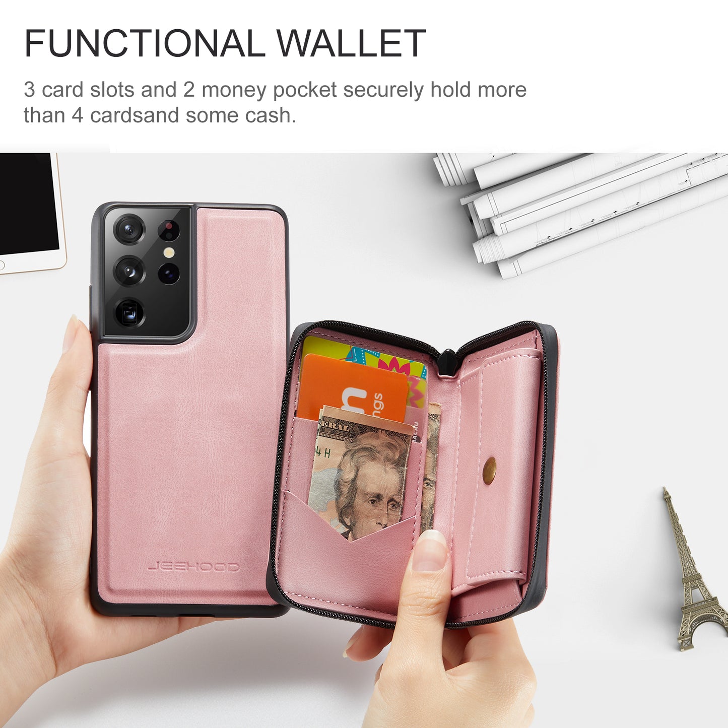 Magnetic Removable Zipper Wallet Galaxy S22 Ultra Case Leather Back