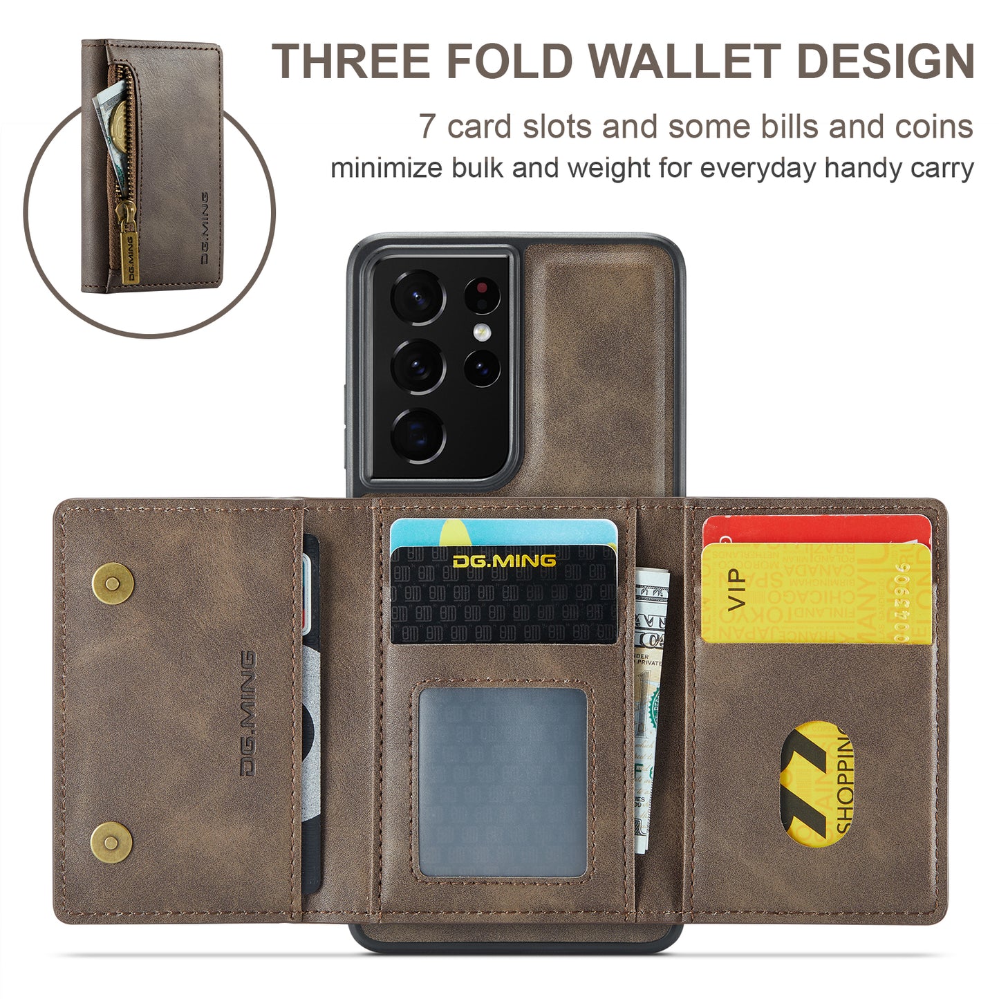 Wallet Detachable Tri-fold Galaxy S21 Ultra Case Muilti Card Slots