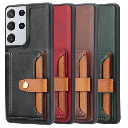 Buckle Retro Leather Galaxy S21 Ultra Case Stand Multi-card Slots