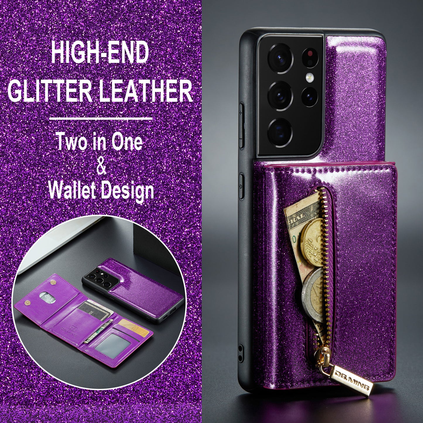 Glitter Leather 2-in-1 Wallet Zipper Galaxy S21 Ultra Case Detachable