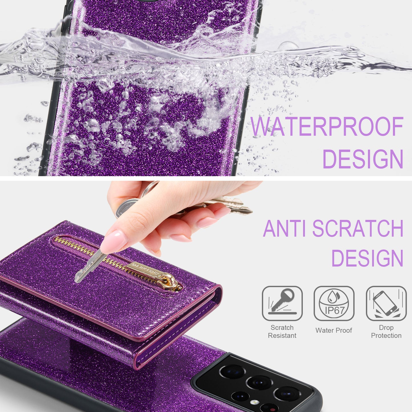 Glitter Leather 2-in-1 Wallet Zipper Galaxy S21 Ultra Case Detachable