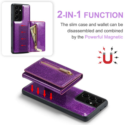 Glitter Leather 2-in-1 Wallet Zipper Galaxy S21 Ultra Case Detachable