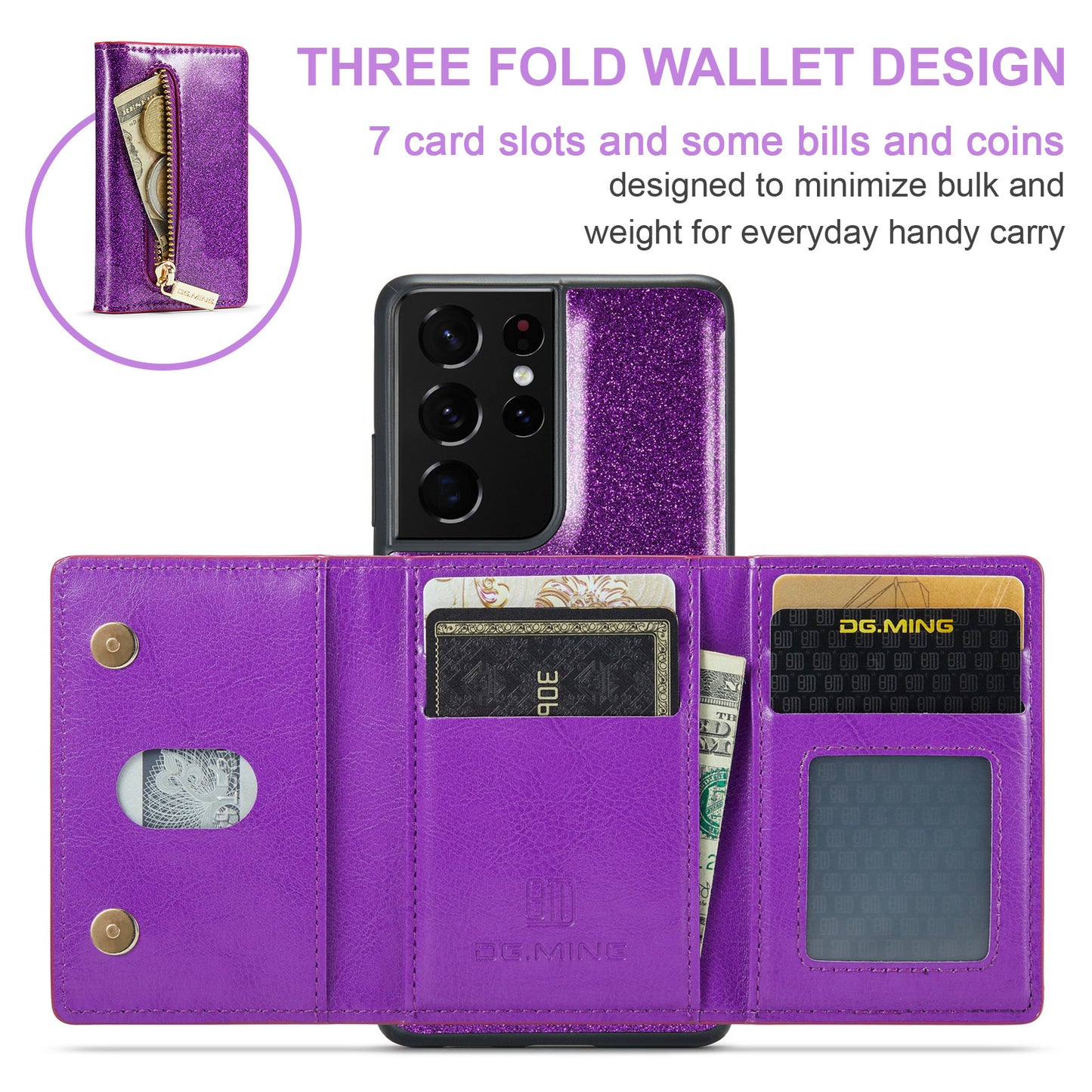 Glitter Leather 2-in-1 Wallet Zipper Galaxy S21 Ultra Case Detachable