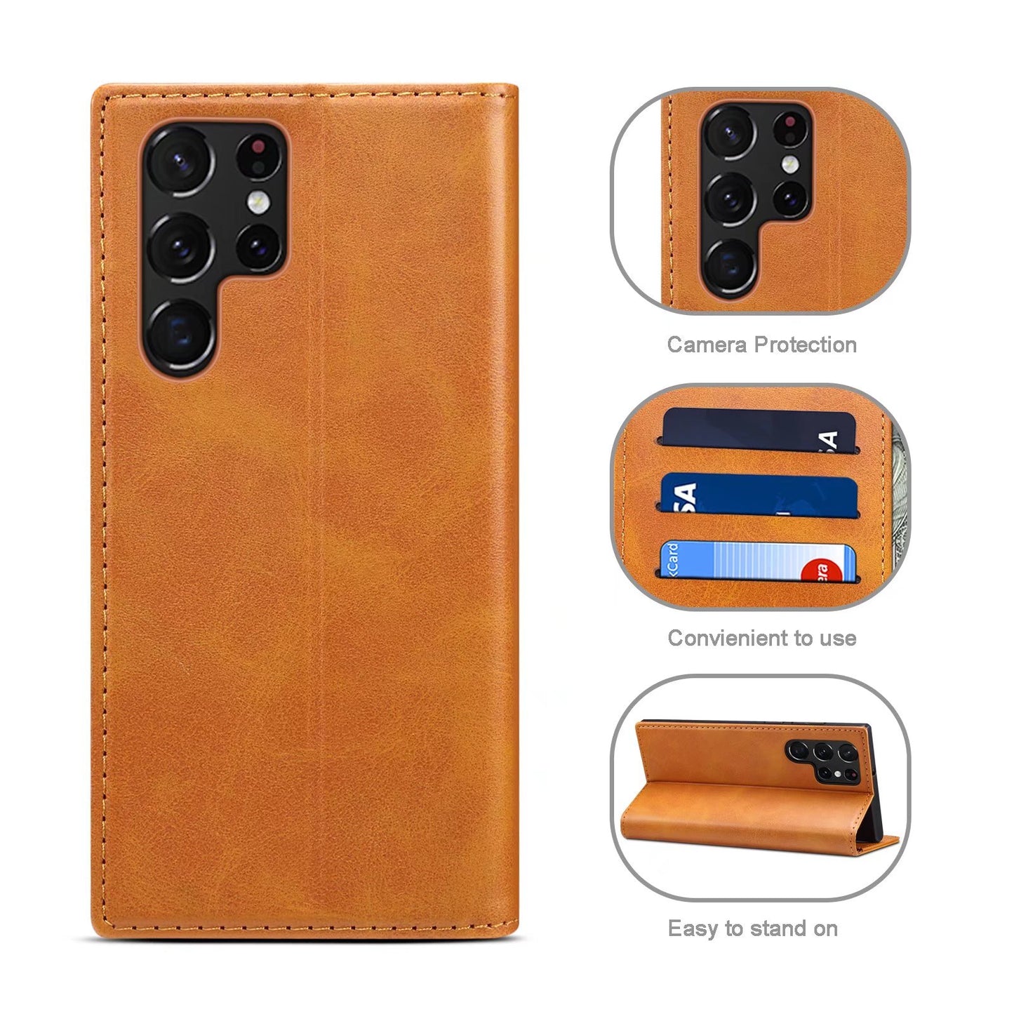 Calfskin Simple Wallet Galaxy S22 Ultra Case RFID Magnetic