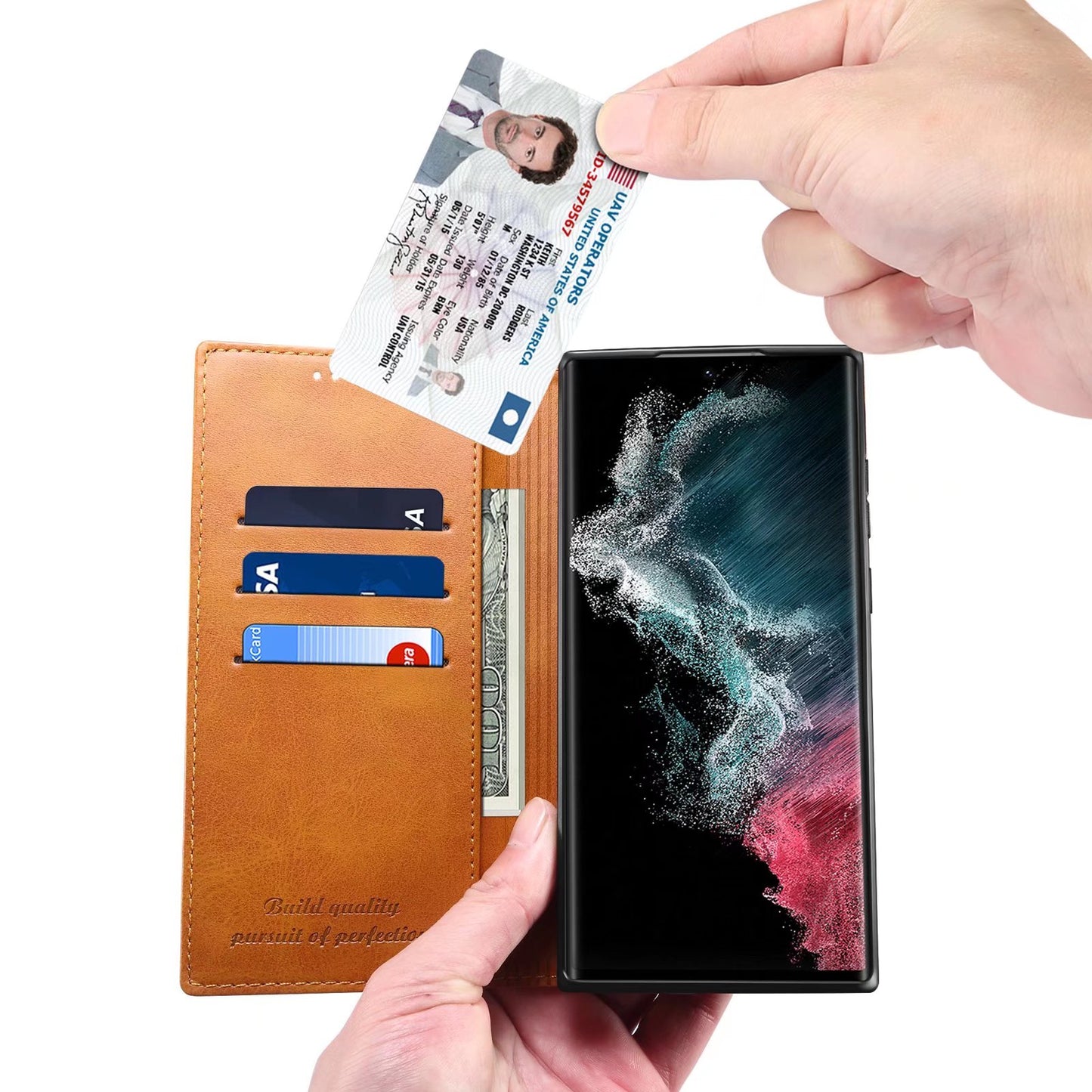 Calfskin Simple Wallet Galaxy S22 Ultra Case RFID Magnetic