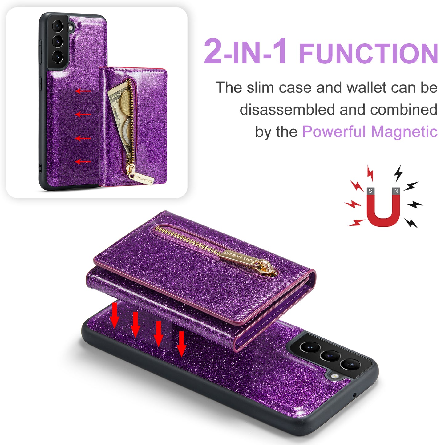 Glitter Leather 2-in-1 Wallet Zipper Galaxy S22 Case Detachable