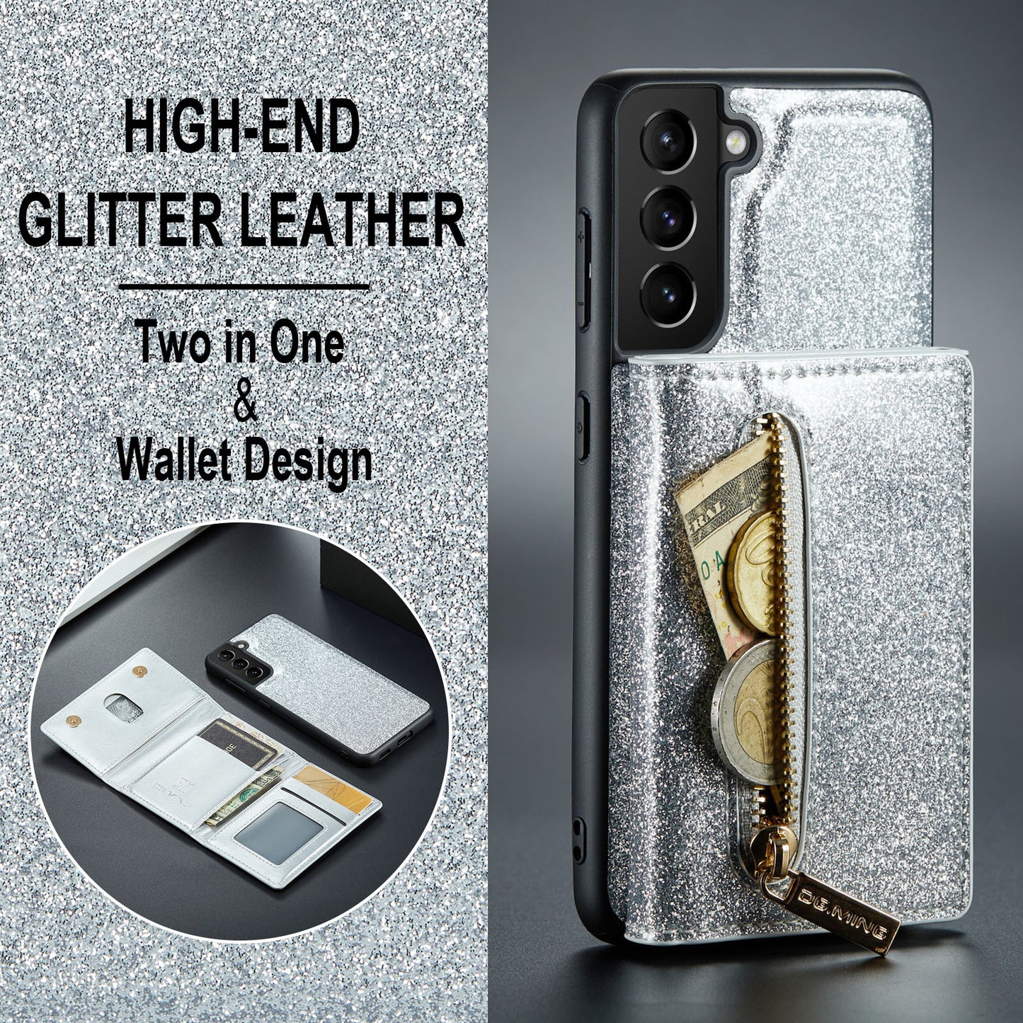 Glitter Leather 2-in-1 Wallet Zipper Galaxy S22+ Case Detachable