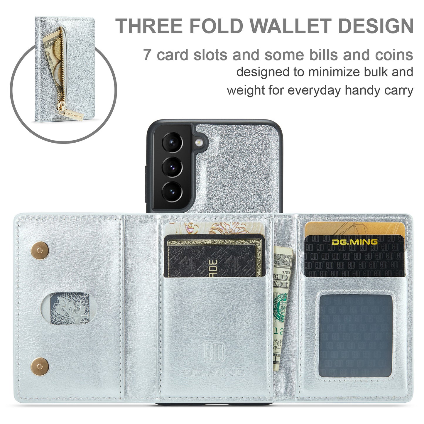 Glitter Leather 2-in-1 Wallet Zipper Galaxy S22+ Case Detachable