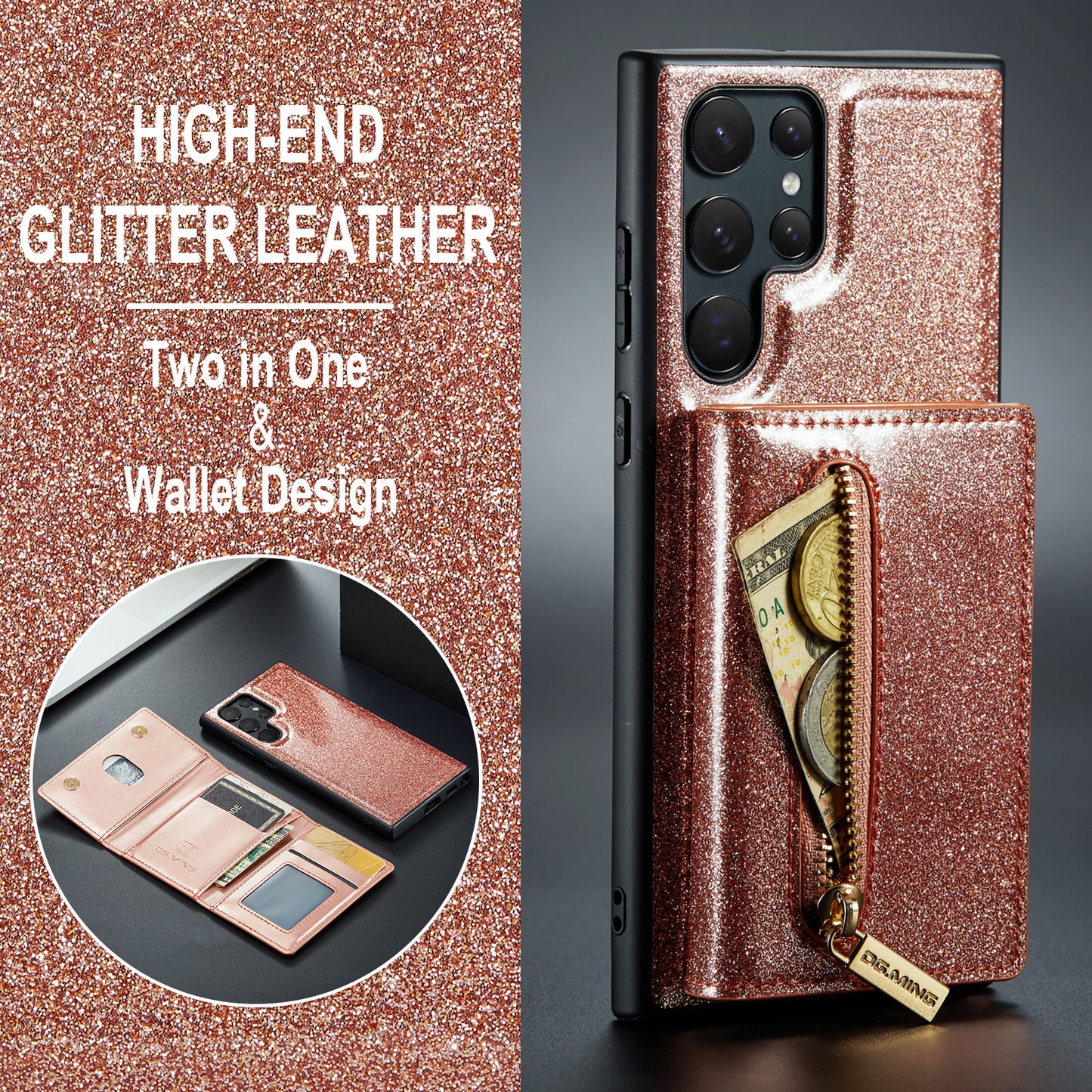 Glitter Leather 2-in-1 Wallet Zipper Galaxy S22 Ultra Case Detachable