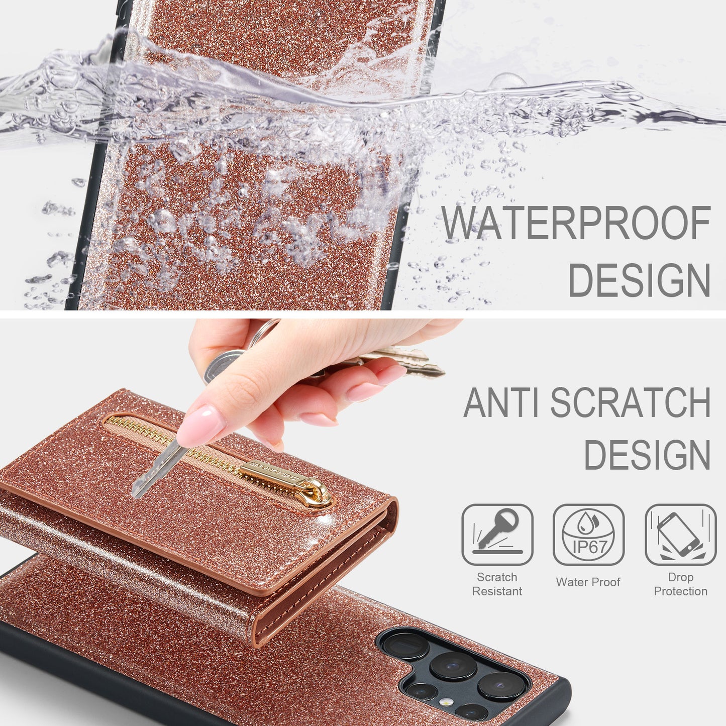 Glitter Leather 2-in-1 Wallet Zipper Galaxy S22 Ultra Case Detachable