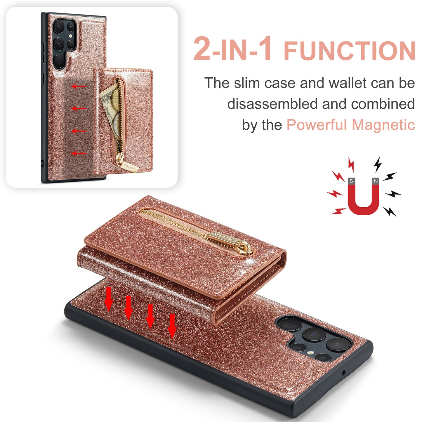 Glitter Leather 2-in-1 Wallet Zipper Galaxy S22 Ultra Case Detachable