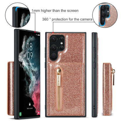 Glitter Leather 2-in-1 Wallet Zipper Galaxy S22 Ultra Case Detachable