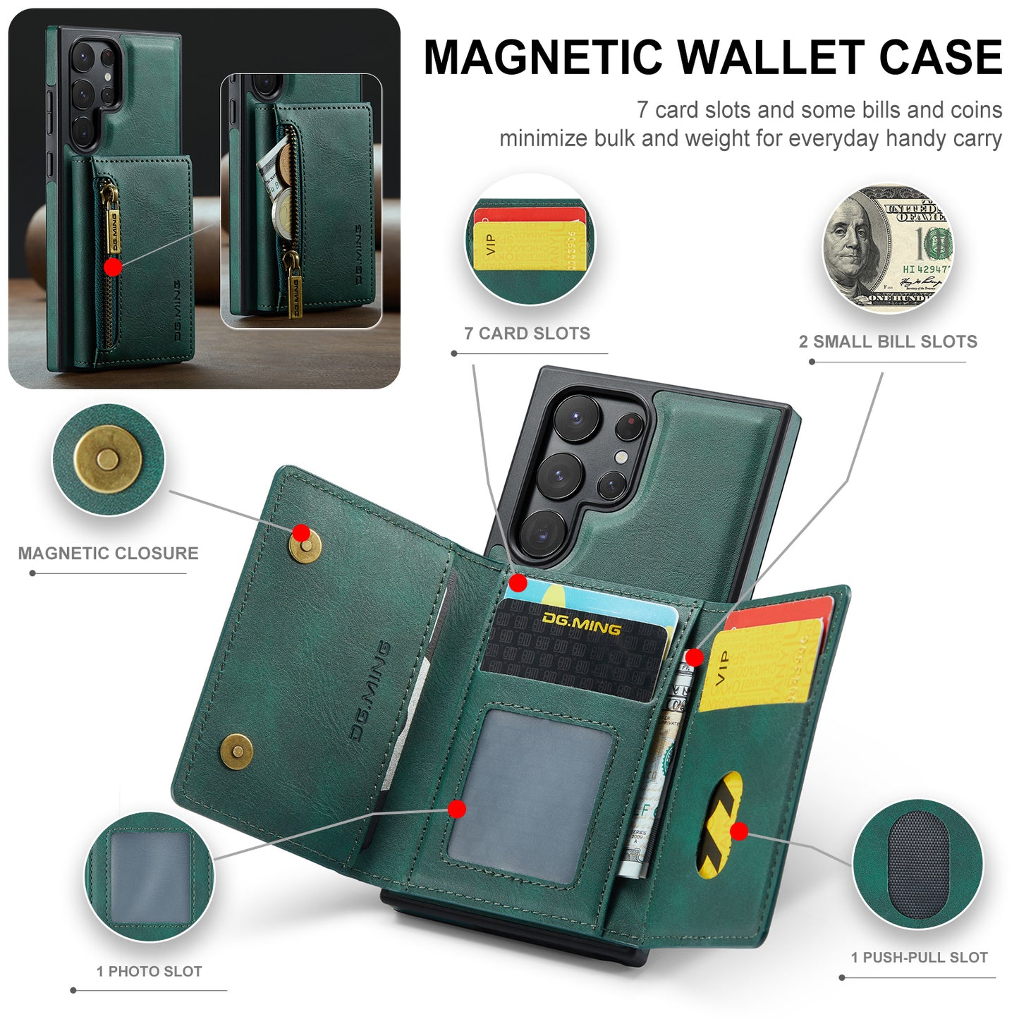 Wallet Detachable Tri-fold Galaxy S22 Ultra Case Muilti Card Slots