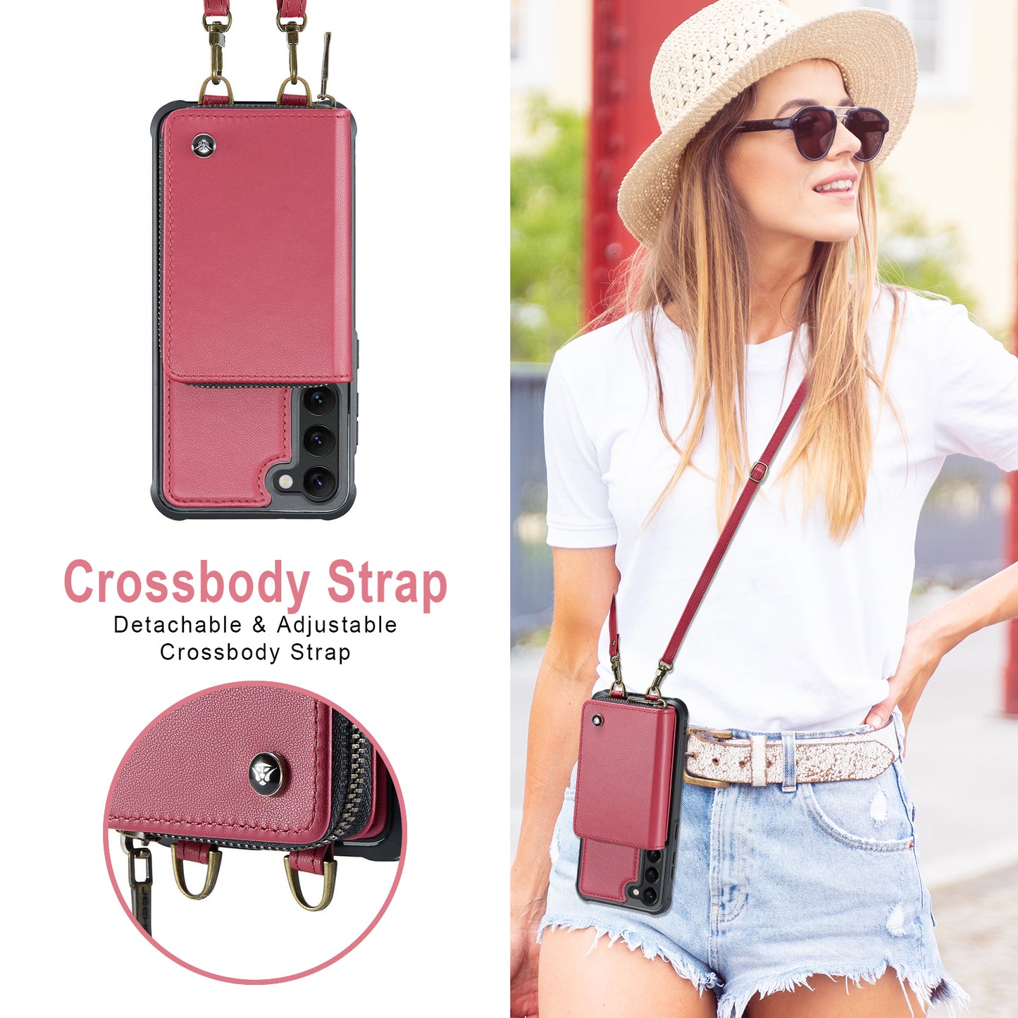 Zipper Card Holder Galaxy S23+ Case with Shoulder Hand Strap