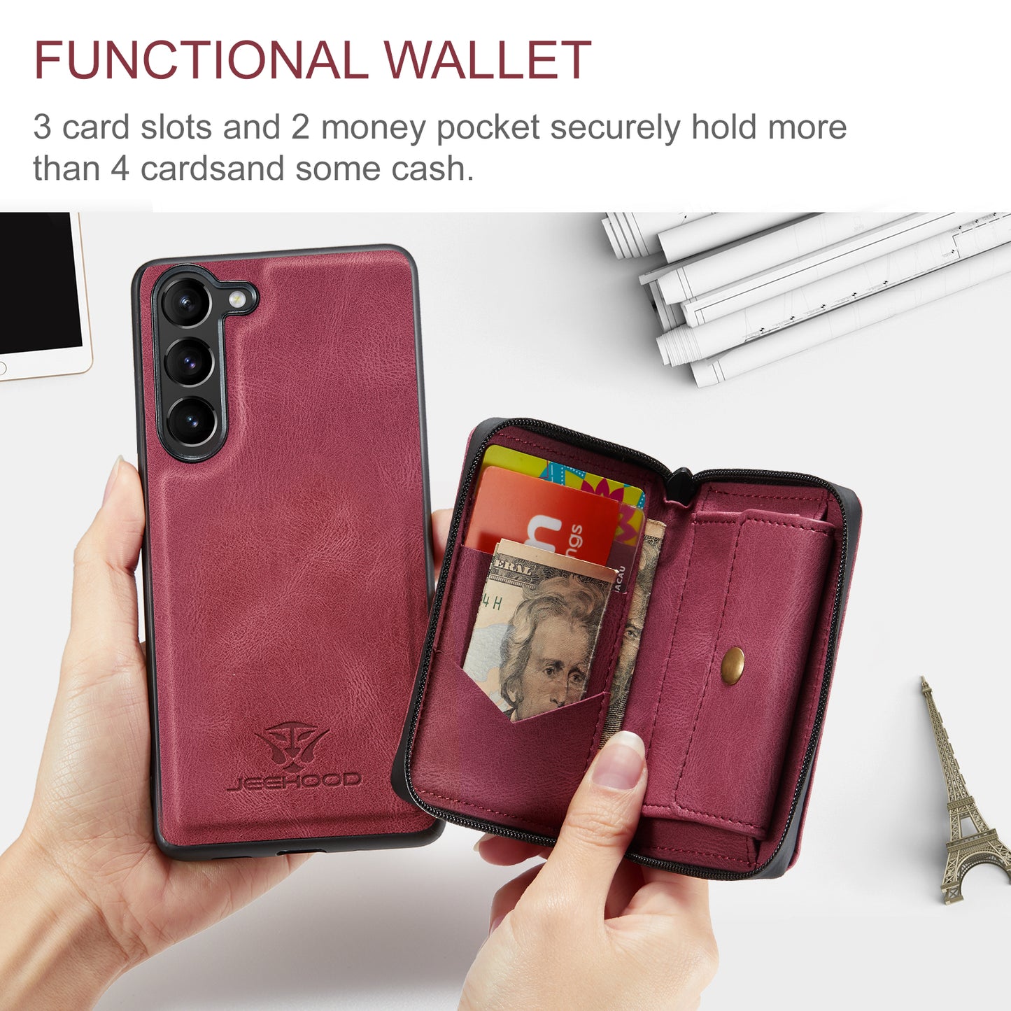 Magnetic Removable Zipper Wallet Galaxy S23+ Case Leather Back