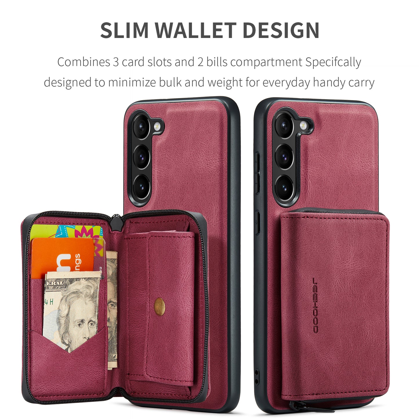 Magnetic Removable Zipper Wallet Galaxy S23+ Case Leather Back