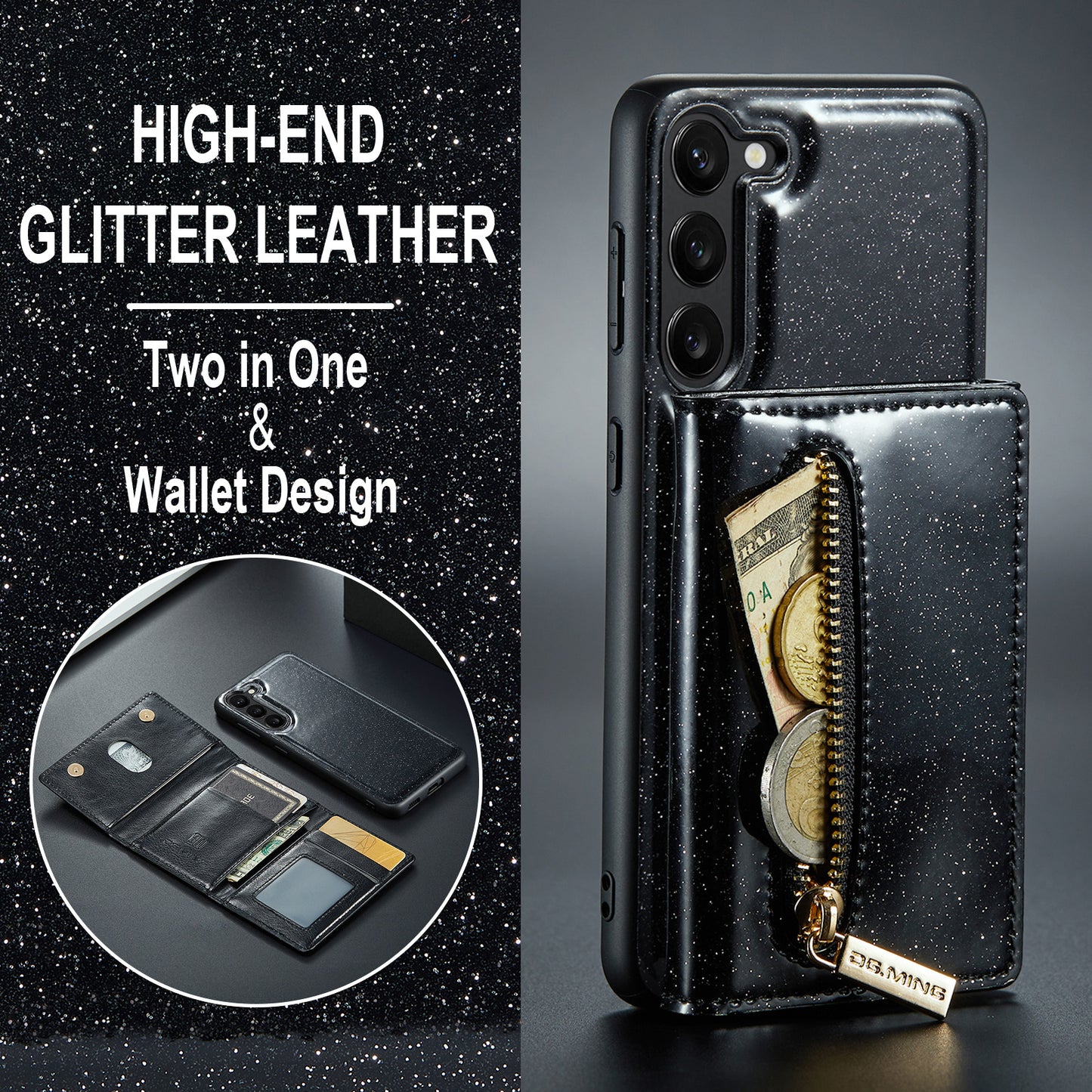 Glitter Leather 2-in-1 Wallet Zipper Galaxy S24 Case Detachable