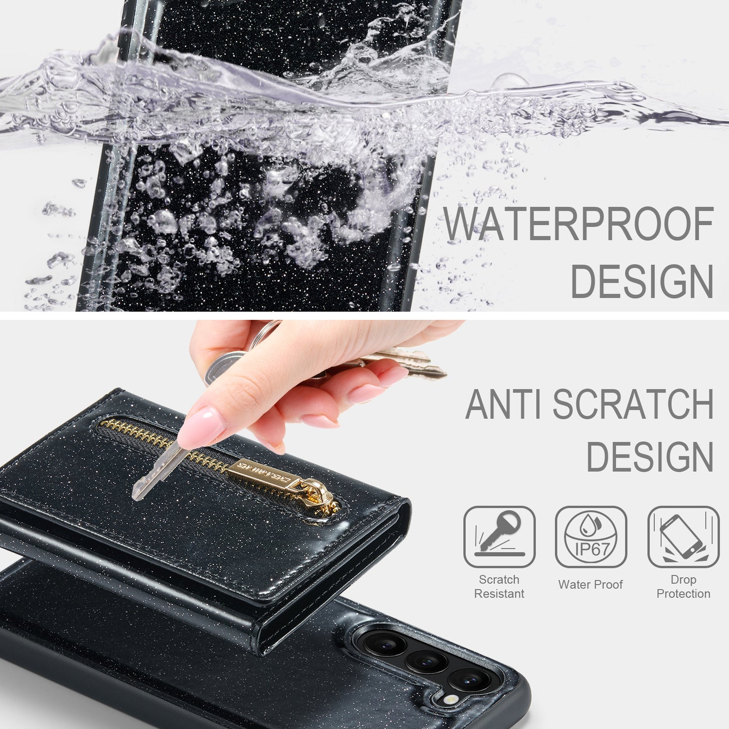 Glitter Leather 2-in-1 Wallet Zipper Galaxy S24 Case Detachable