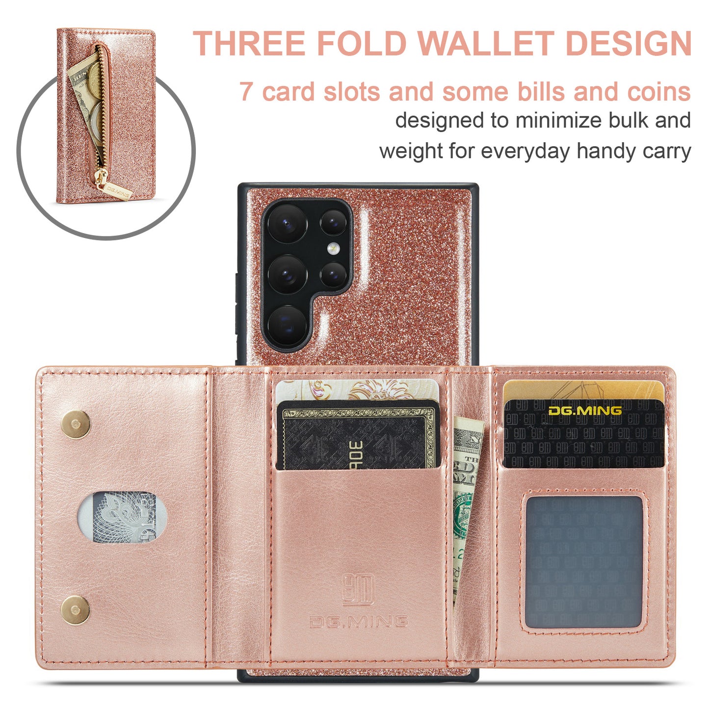 Glitter Leather 2-in-1 Wallet Zipper Galaxy S24 Ultra Case Detachable