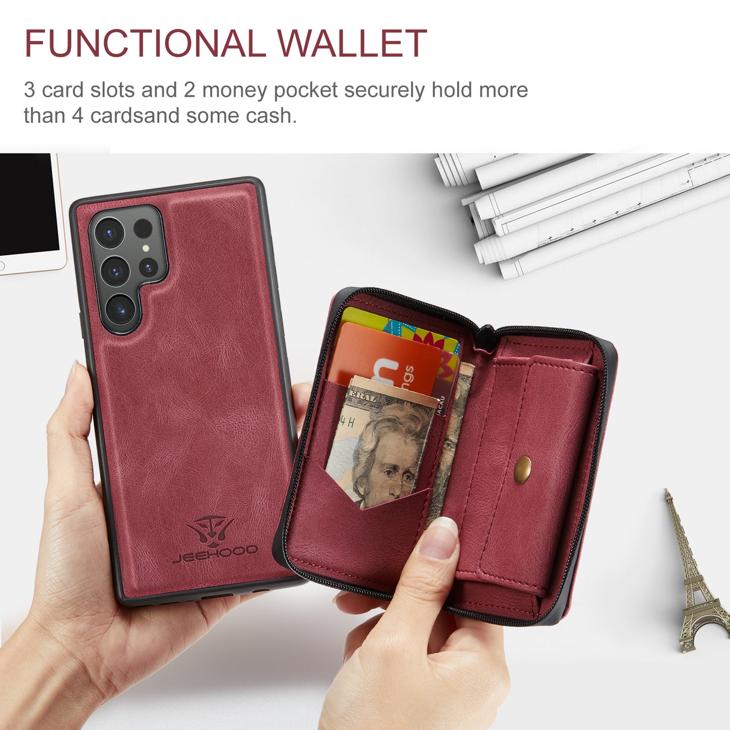 Magnetic Removable Zipper Wallet Galaxy S24 Ultra Case Leather Back