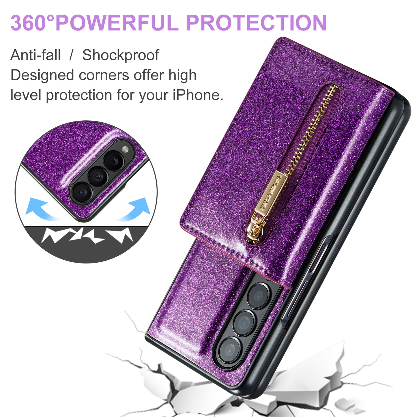 Glitter Leather 2-in-1 Wallet Zipper Galaxy Z Fold3 Case Detachable