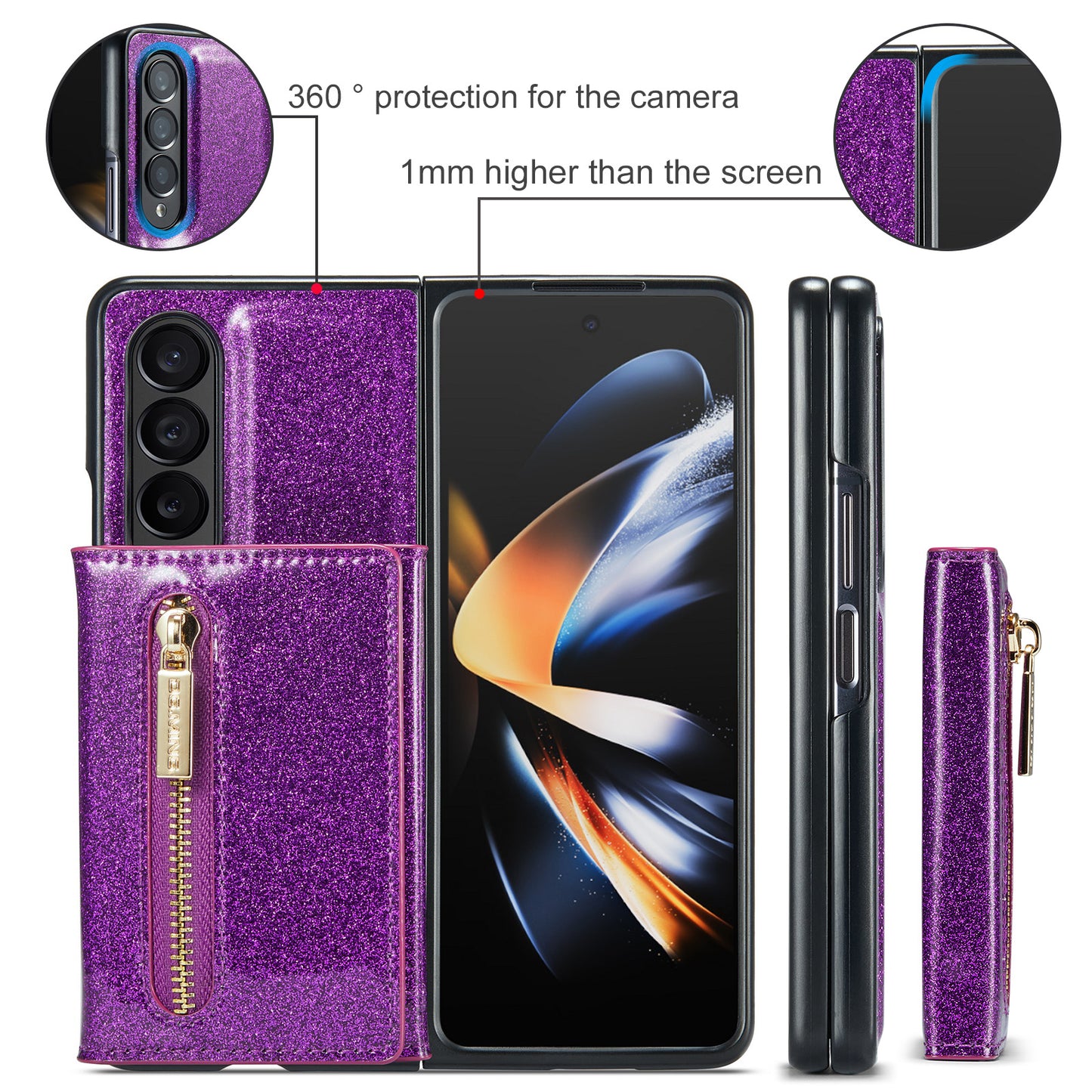 Glitter Leather 2-in-1 Wallet Zipper Galaxy Z Fold3 Case Detachable