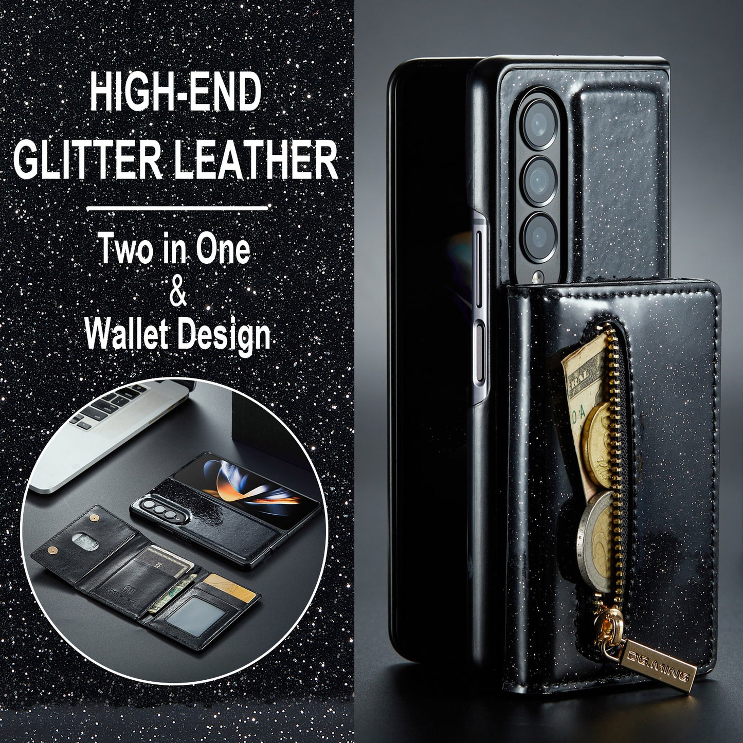 Glitter Leather 2-in-1 Wallet Zipper Galaxy Z Fold4 Case Detachable