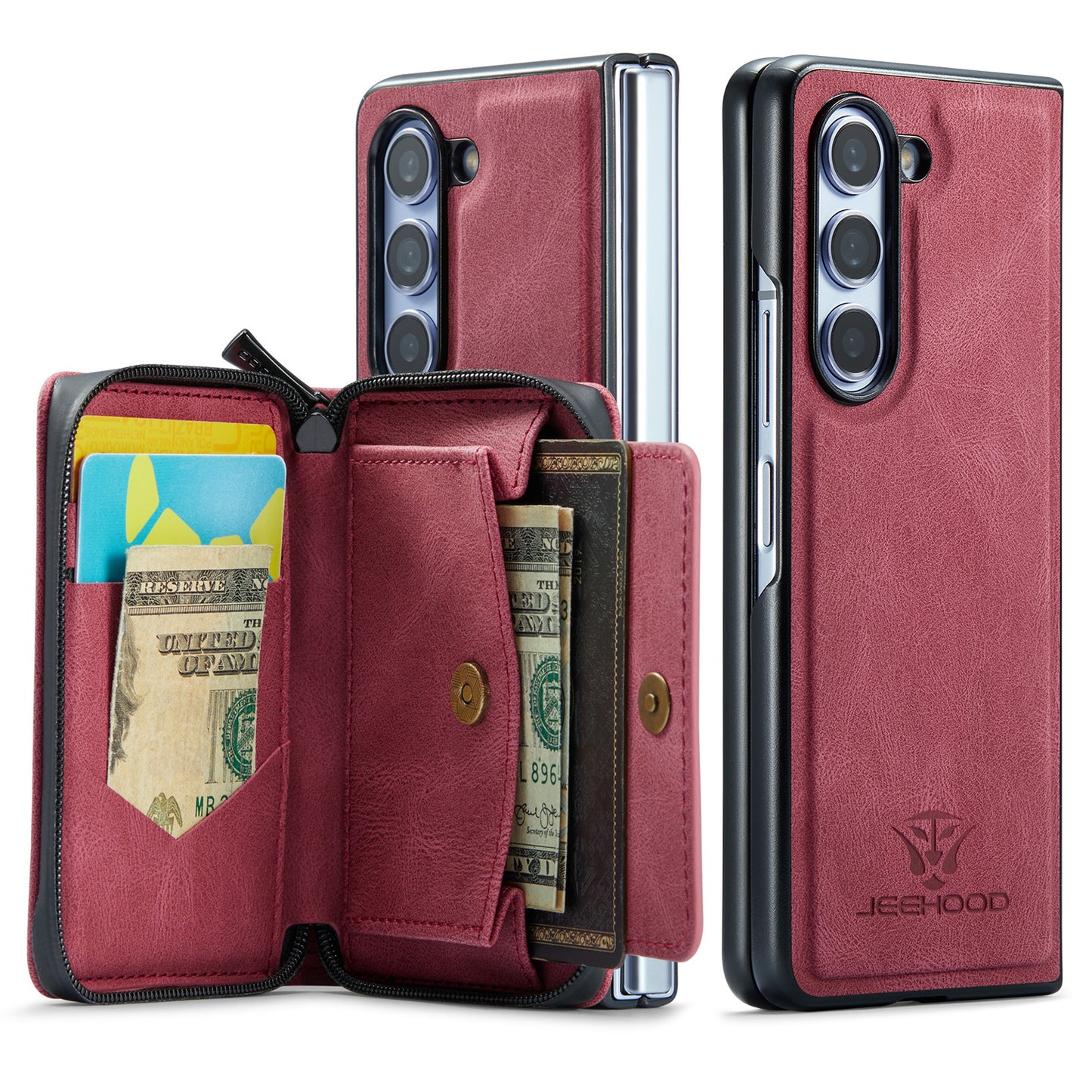 Magnetic Removable Zipper Wallet Galaxy Z Fold5 Case Leather Back