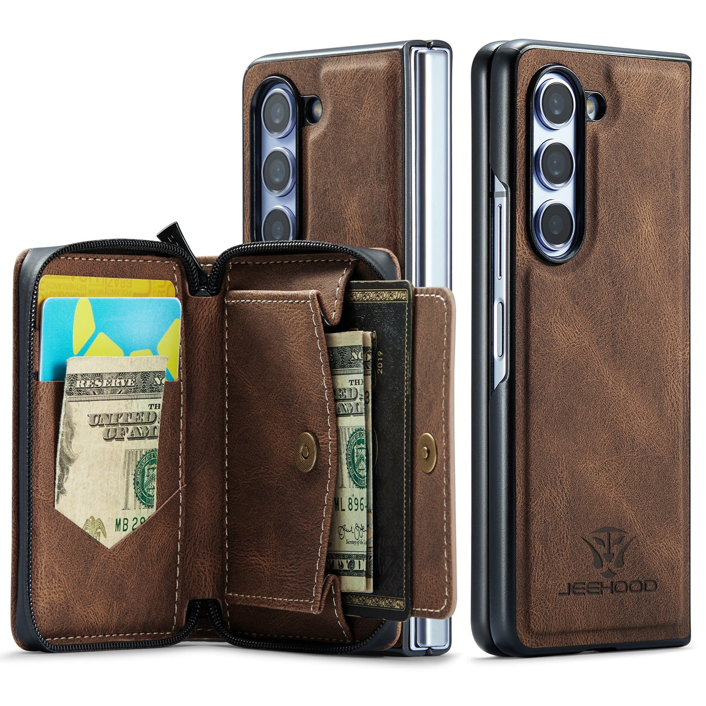 Magnetic Removable Zipper Wallet Galaxy Z Fold5 Case Leather Back