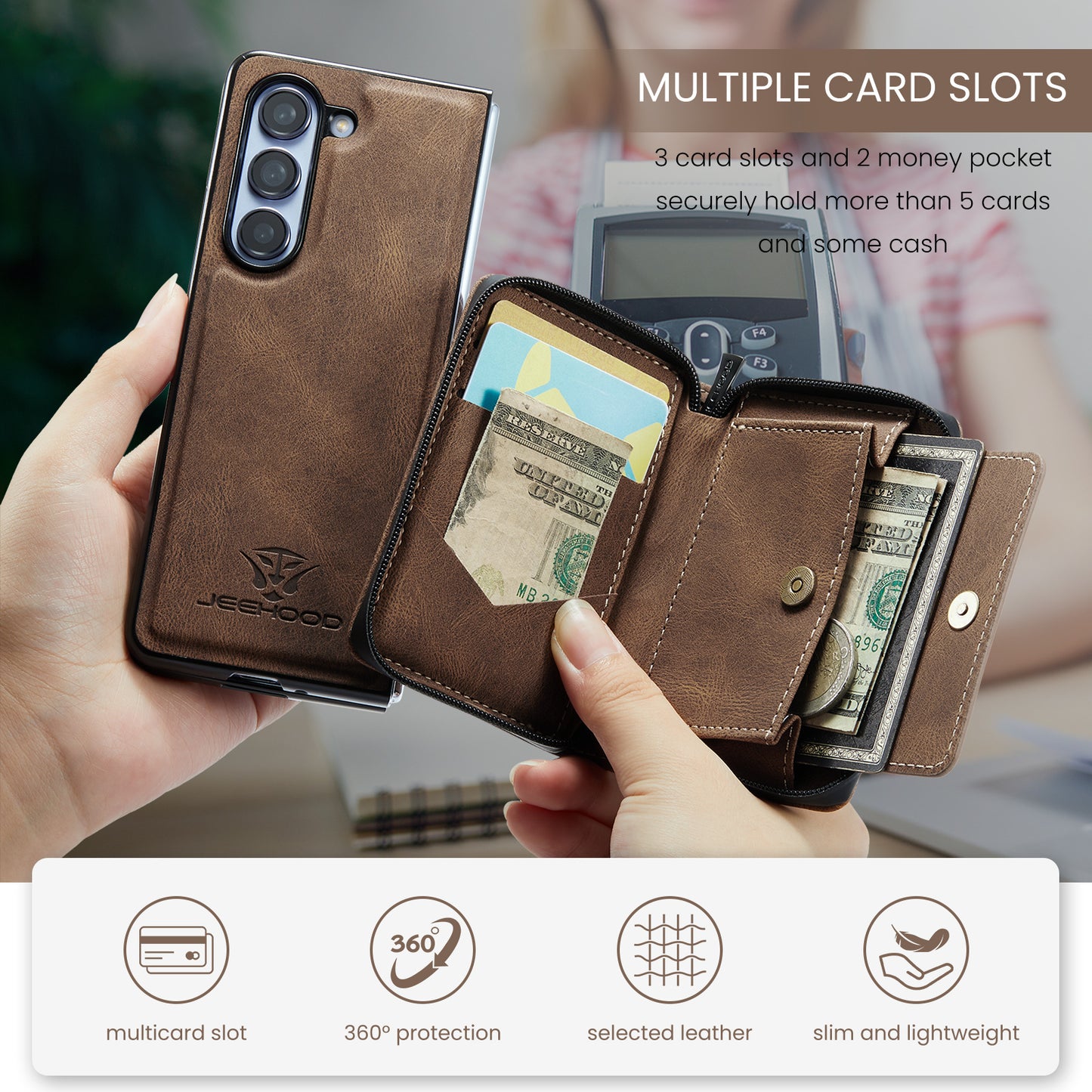 Magnetic Removable Zipper Wallet Galaxy Z Fold5 Case Leather Back