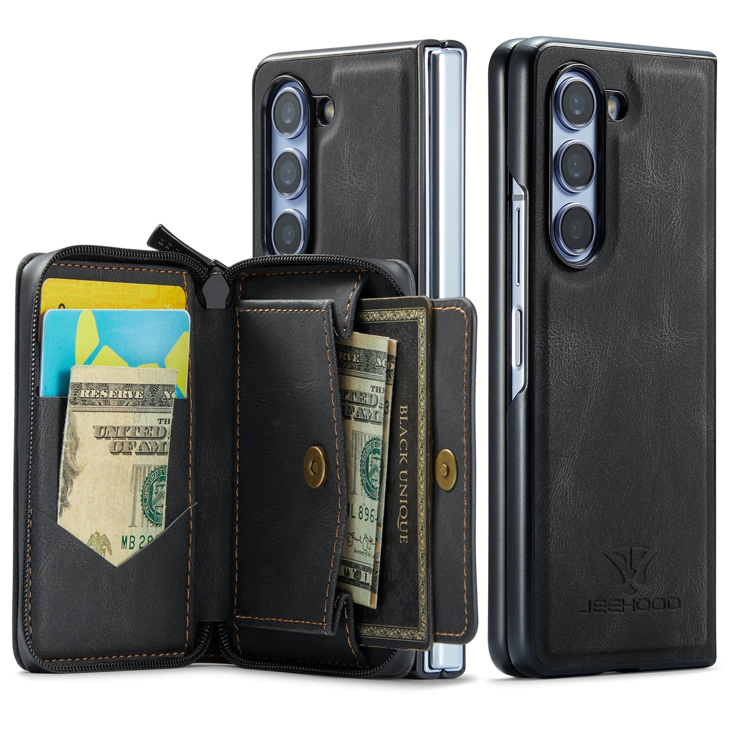 Magnetic Removable Zipper Wallet Galaxy Z Fold5 Case Leather Back